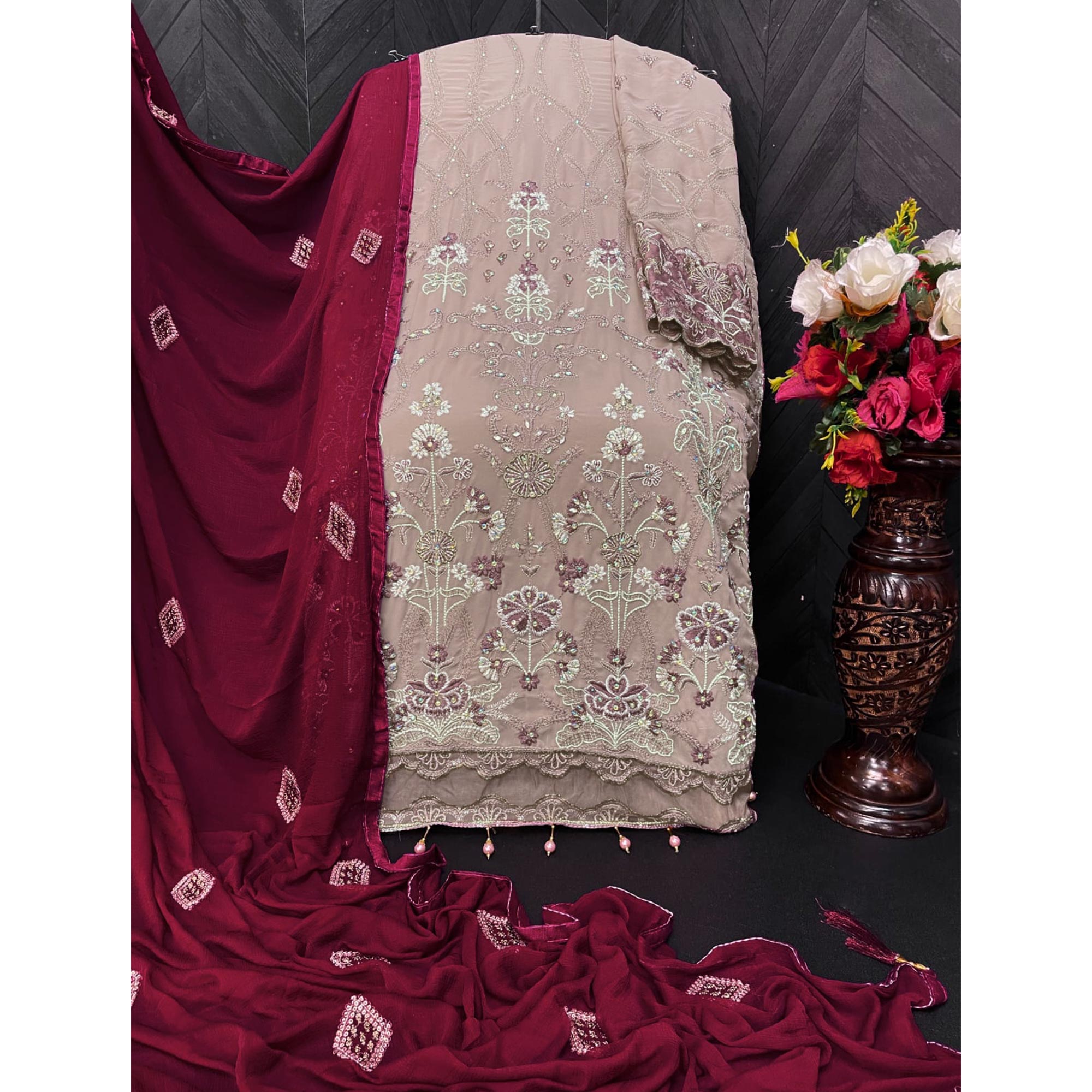 Beige Embroidered Georgette Semi Stitched Pakistani Suit