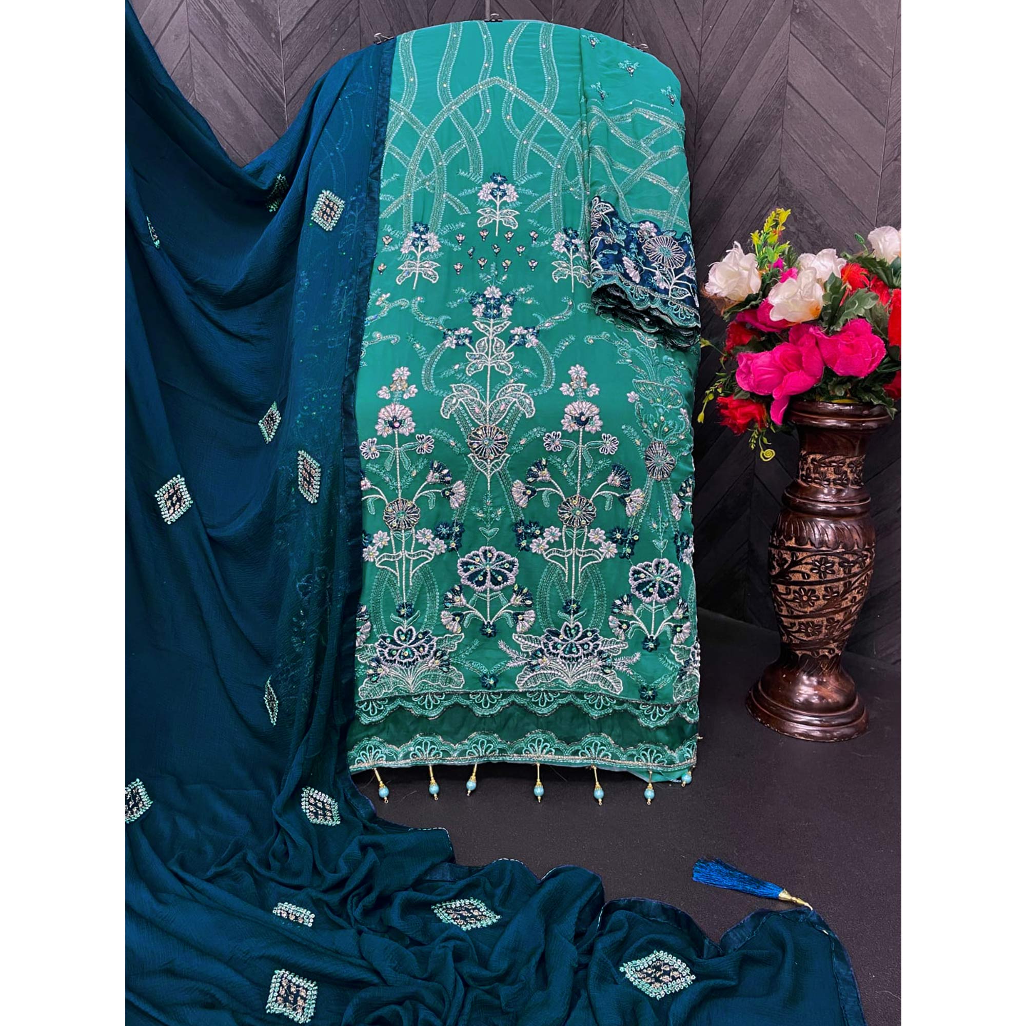 Rama Green Embroidered Georgette Semi Stitched Pakistani Suit