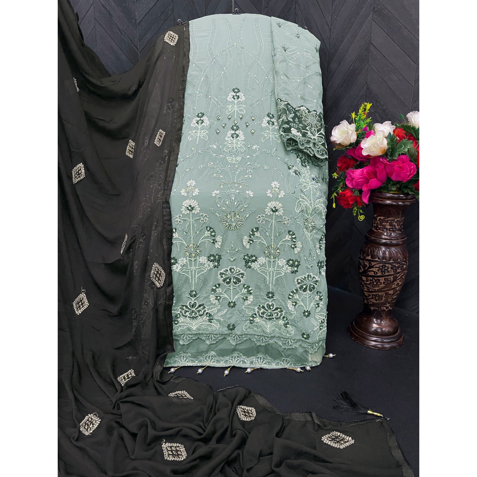 Grey Embroidered Georgette Semi Stitched Pakistani Suit