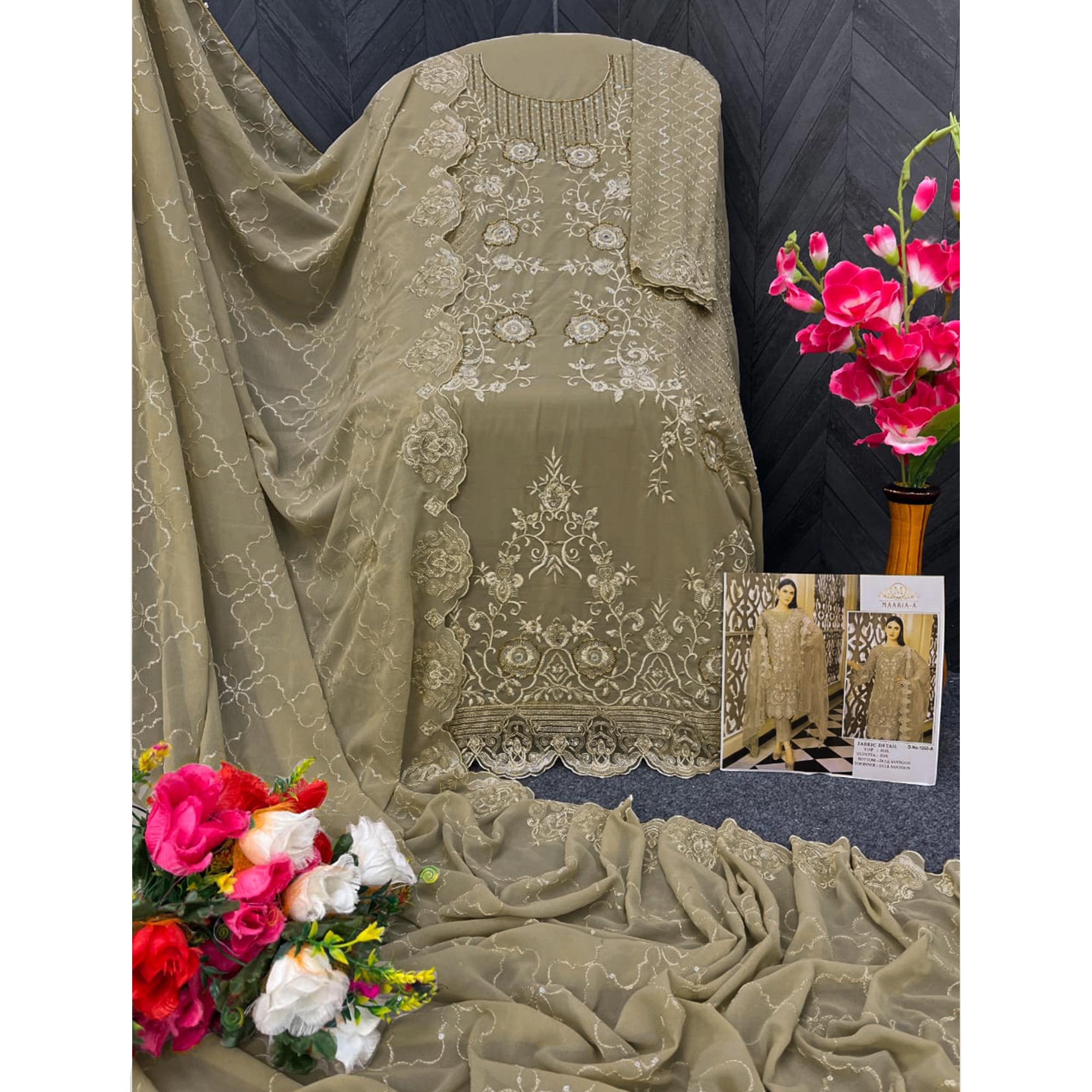 Dark Beige Floral Embroidered Georgette Semi Stitched Pakistani Suit