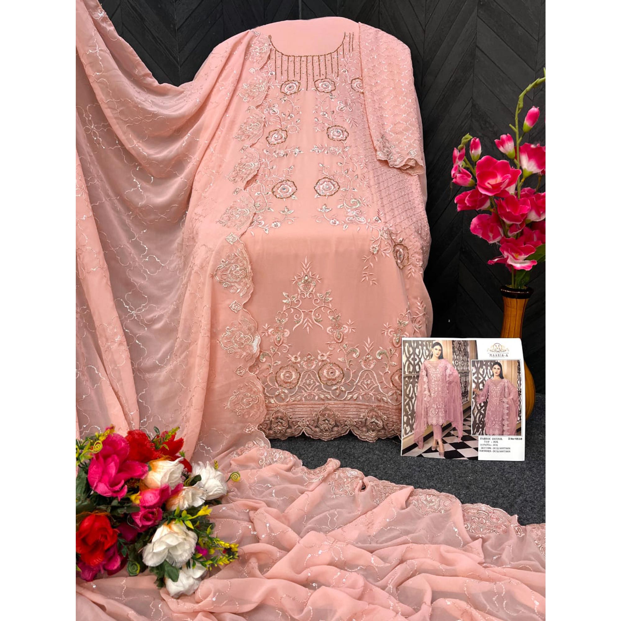 Peach Floral Embroidered Georgette Semi Stitched Pakistani Suit