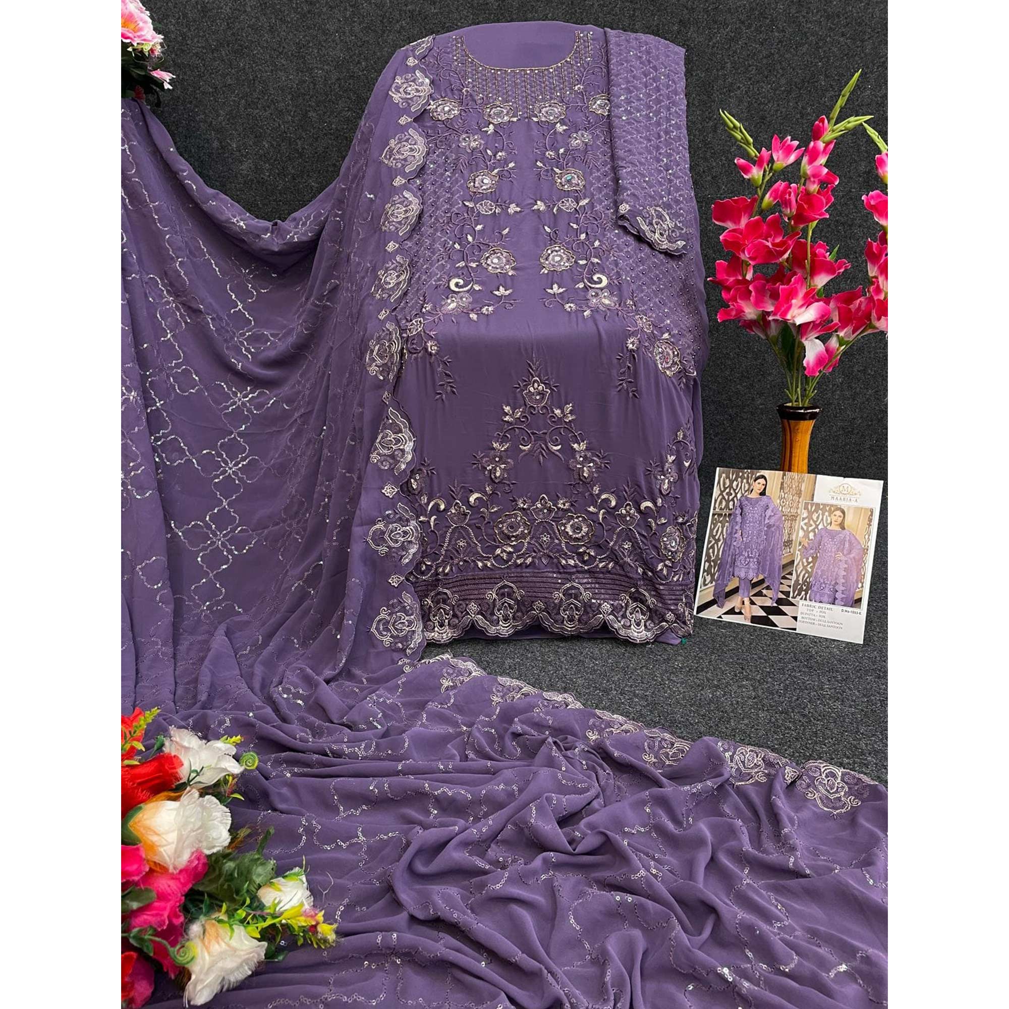 Purple Floral Embroidered Georgette Semi Stitched Pakistani Suit