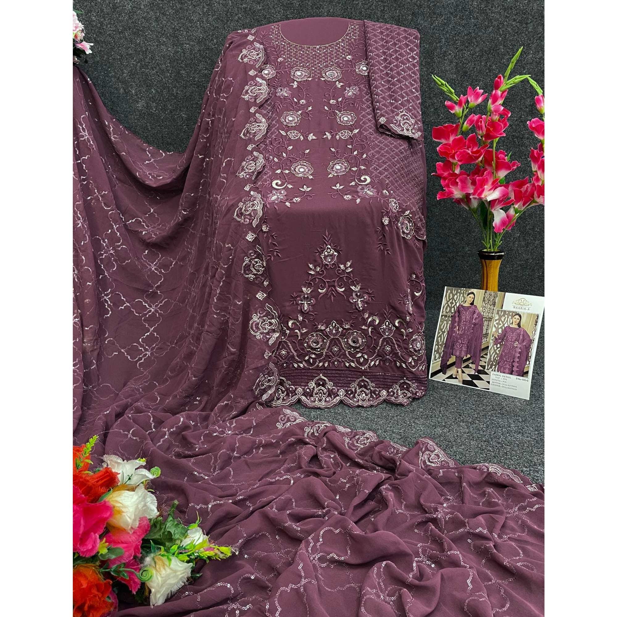 Dark Mauve Floral Embroidered Georgette Semi Stitched Pakistani Suit