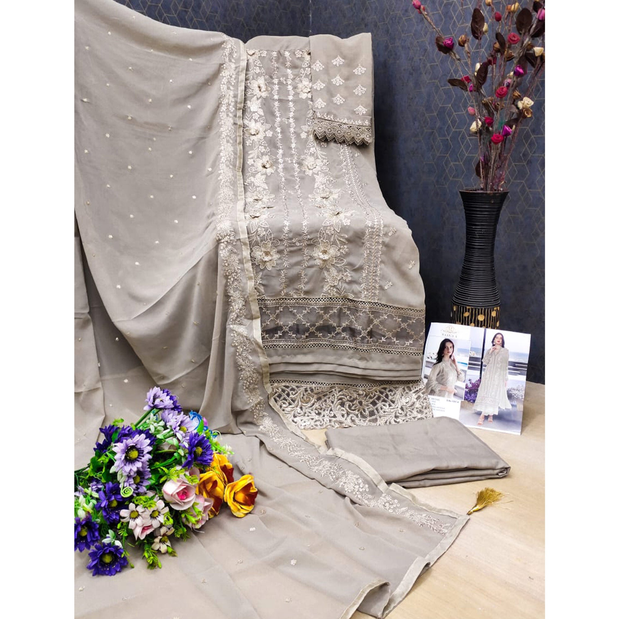 Dark Beige Floral Embroidered Georgette Semi Stitched Pakistani Suit