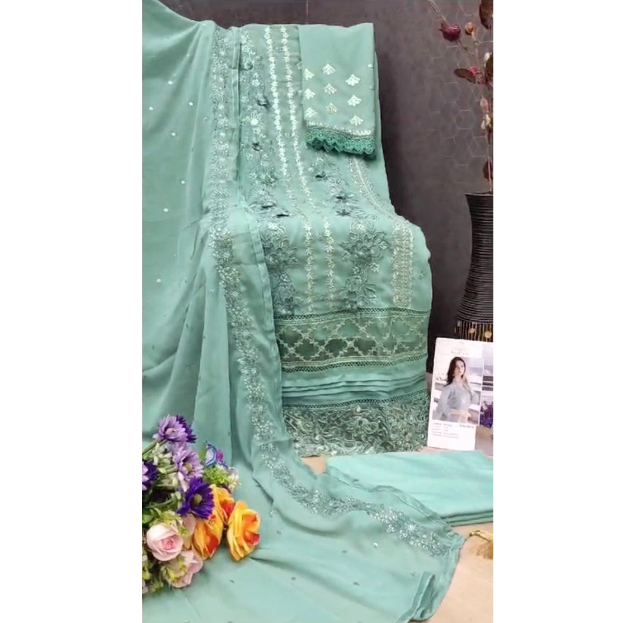 Light Turquoise Floral Embroidered Georgette Semi Stitched Pakistani Suit