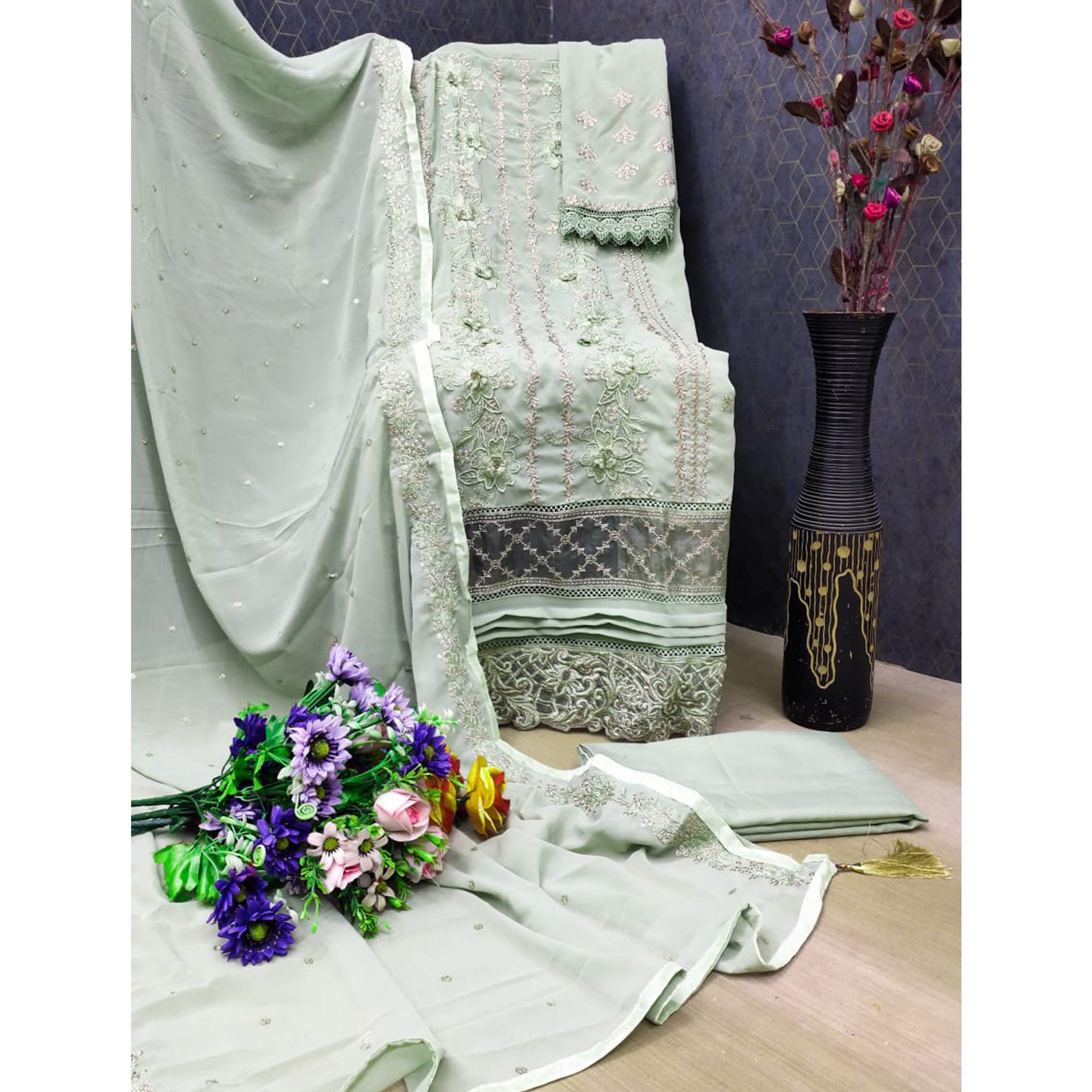 Pista Green Floral Embroidered Georgette Semi Stitched Pakistani Suit