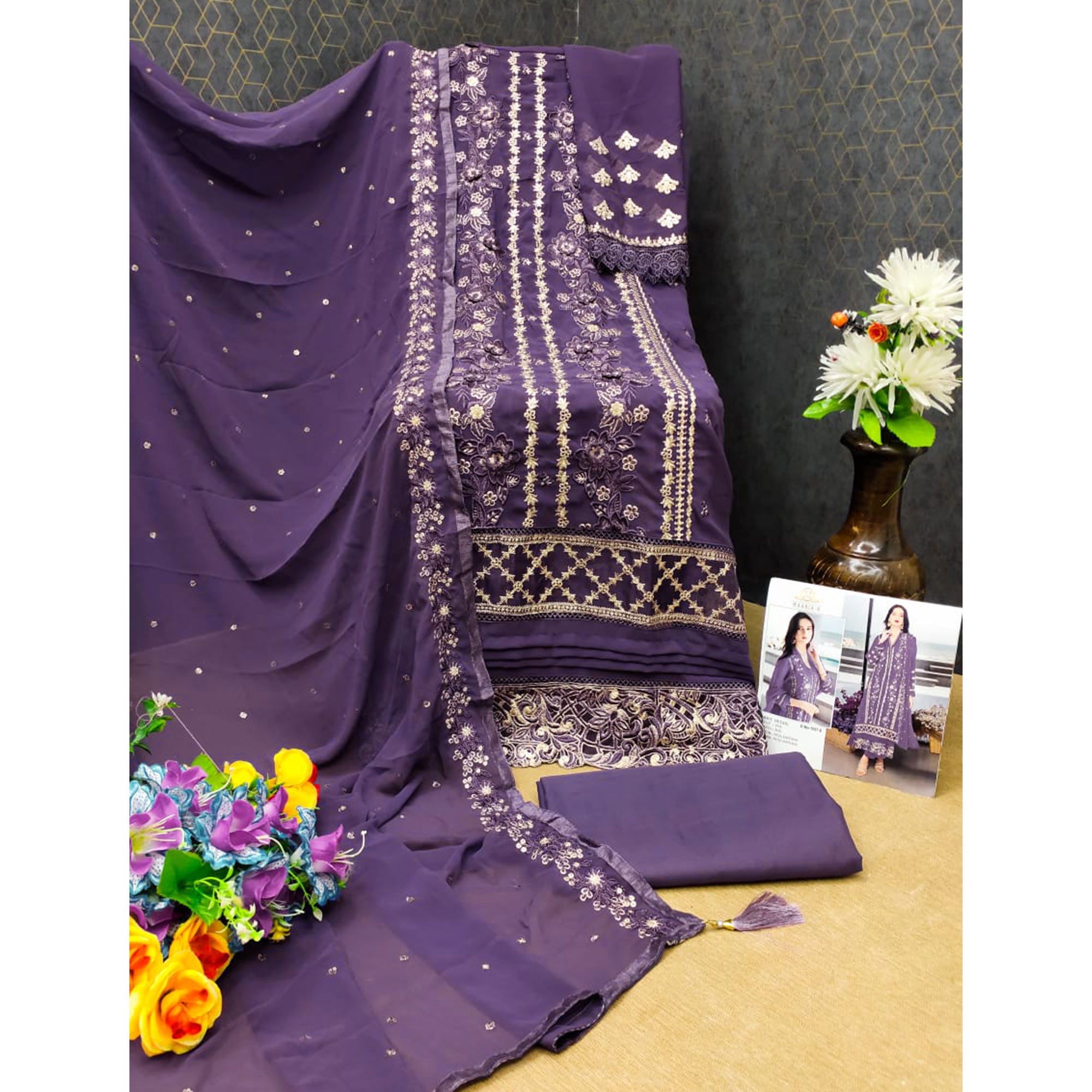 Purple Floral Embroidered Georgette Semi Stitched Pakistani Suit