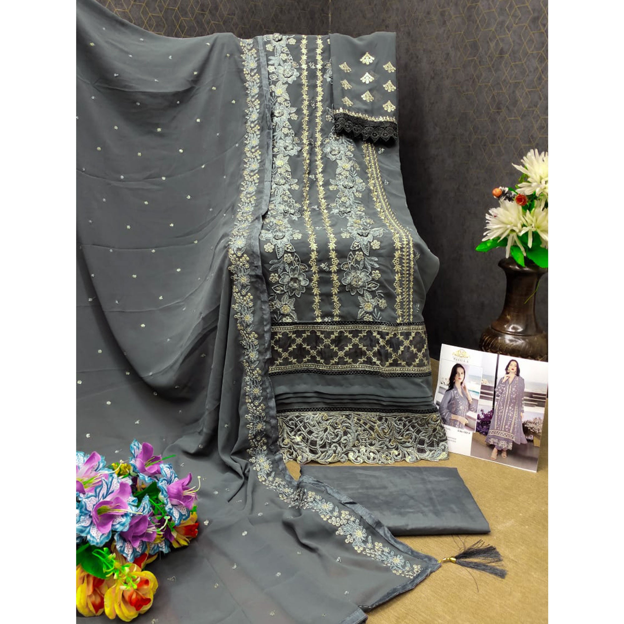 Grey Floral Embroidered Georgette Semi Stitched Pakistani Suit