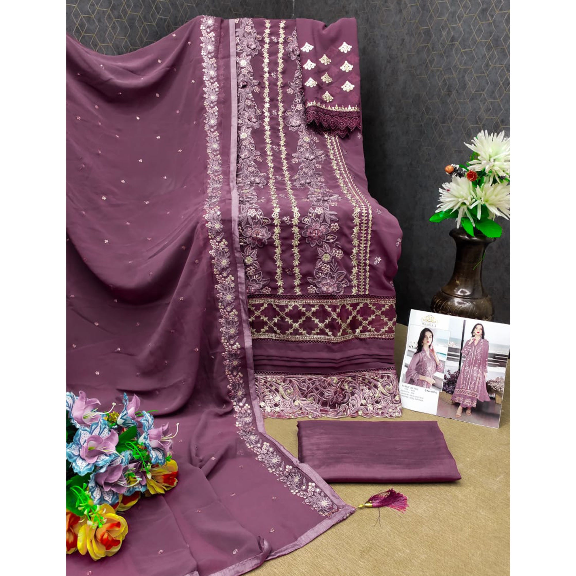 Dark Mauve Floral Embroidered Georgette Semi Stitched Pakistani Suit