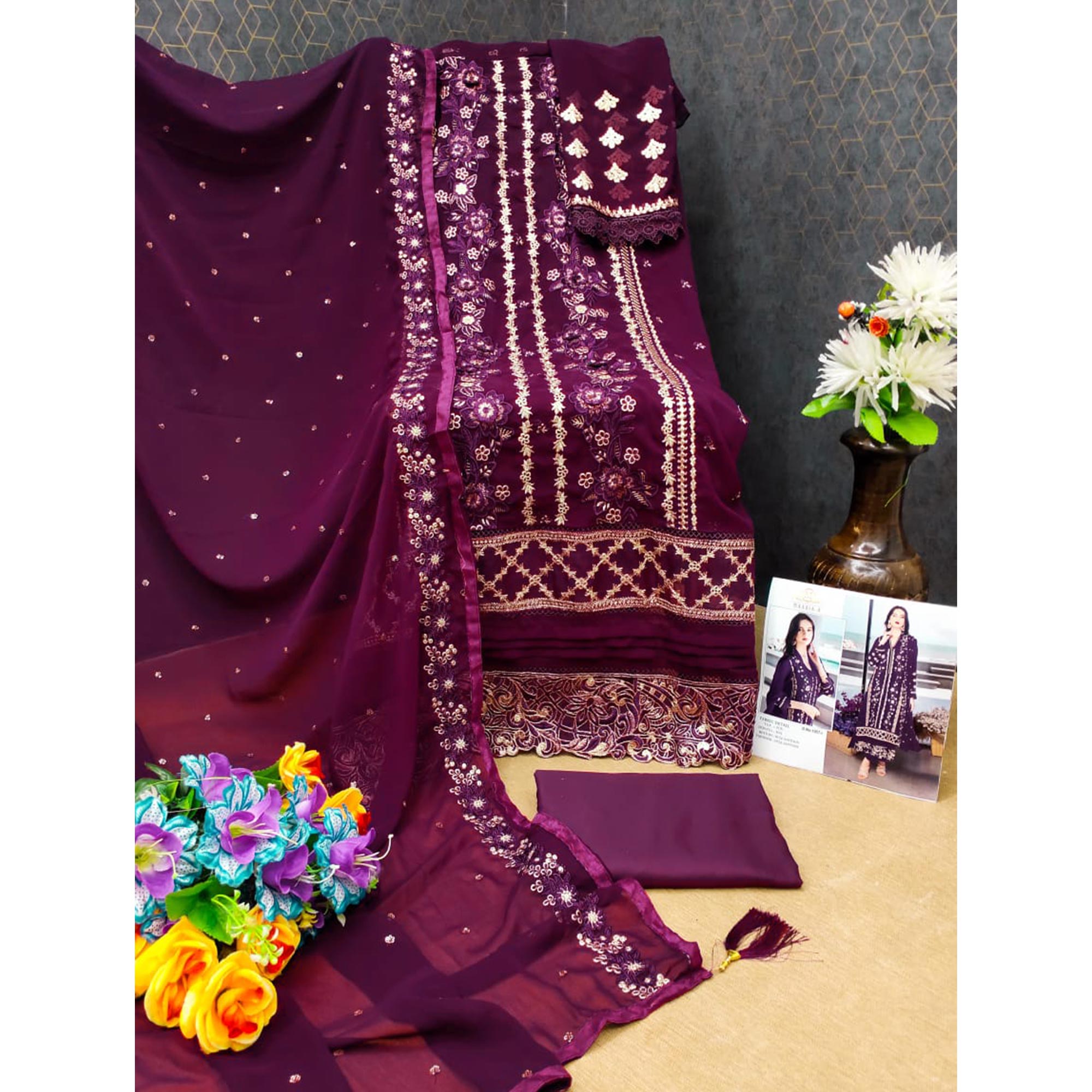 Wine Floral Embroidered Georgette Semi Stitched Pakistani Suit