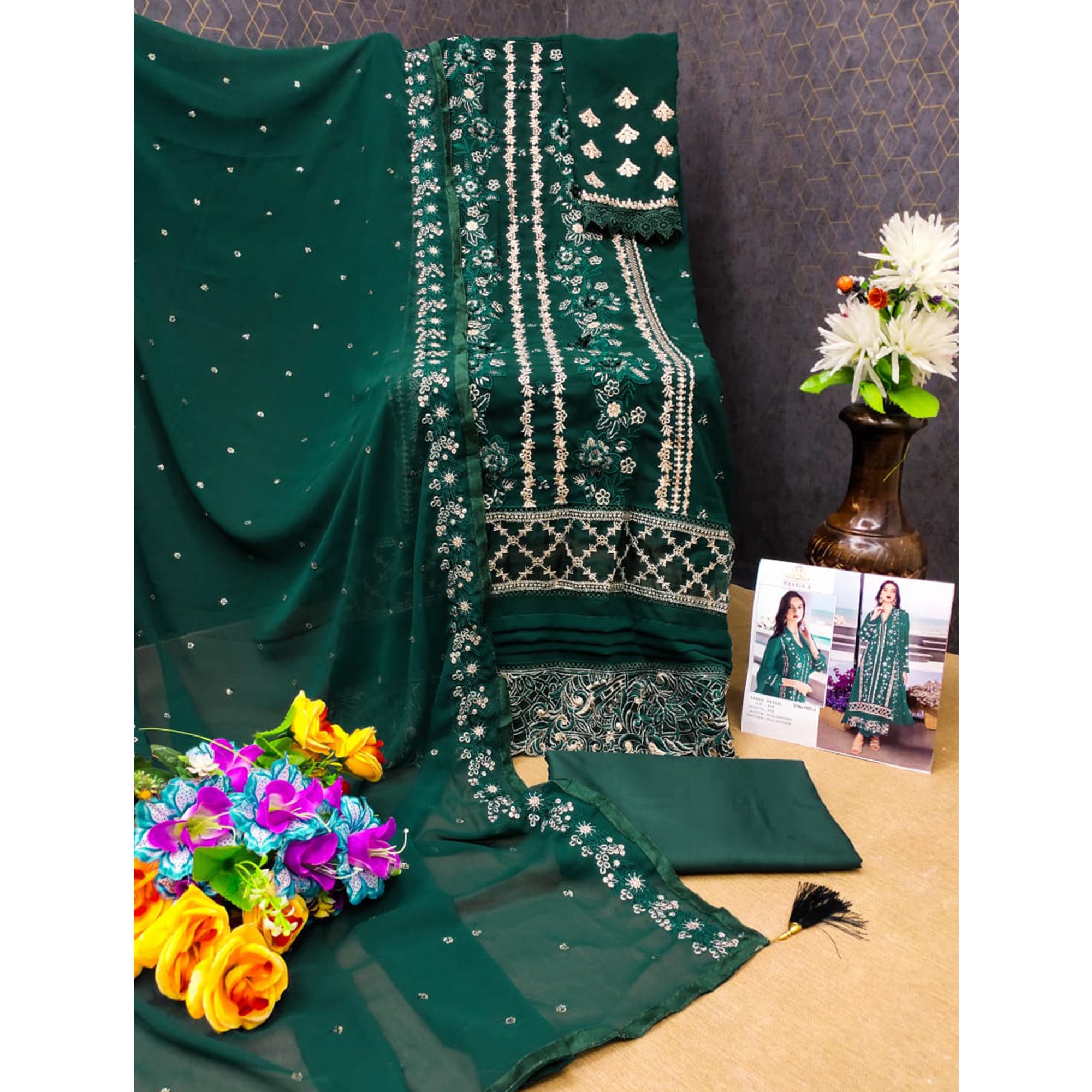 Rama Green Floral Embroidered Georgette Semi Stitched Pakistani Suit