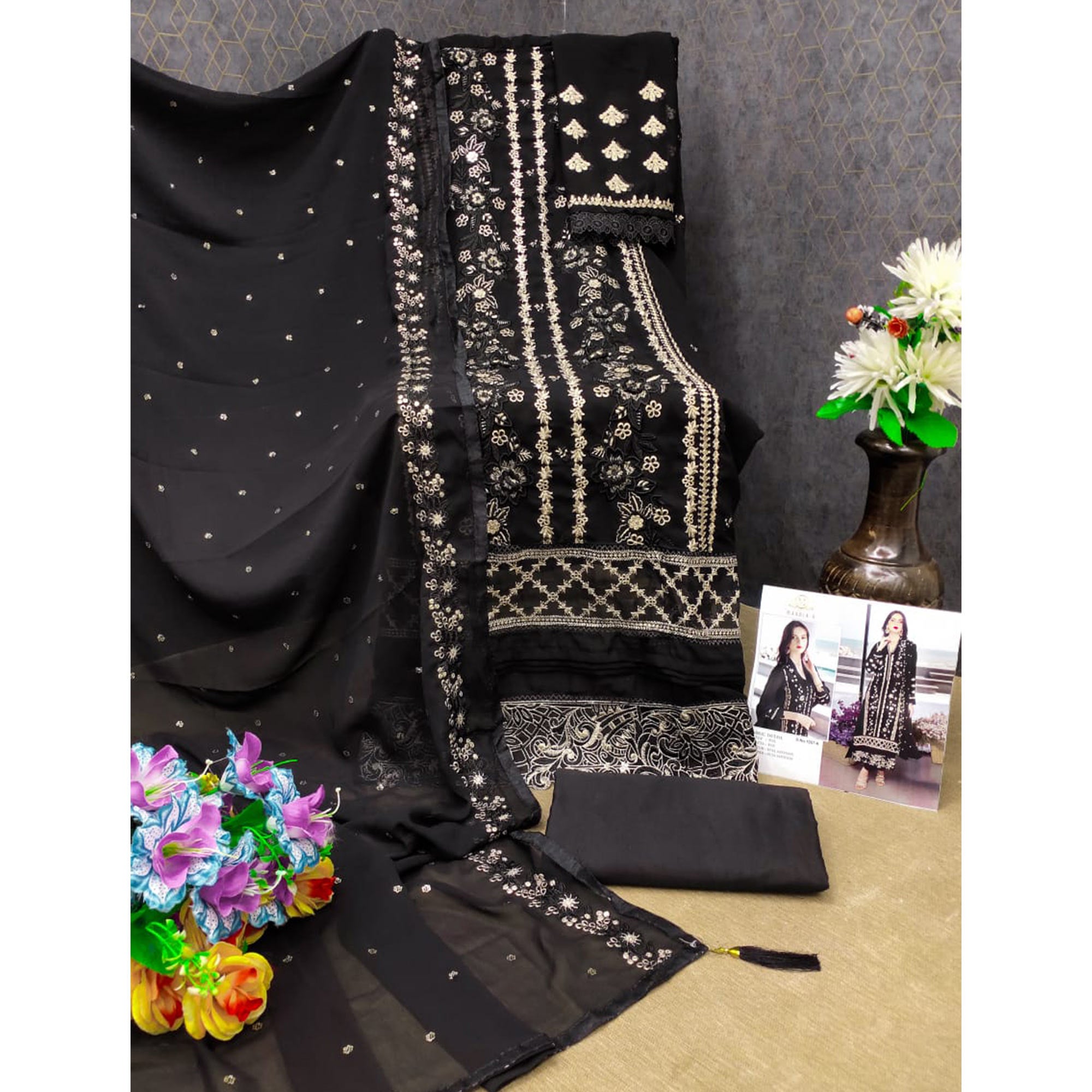 Black Floral Embroidered Georgette Semi Stitched Pakistani Suit