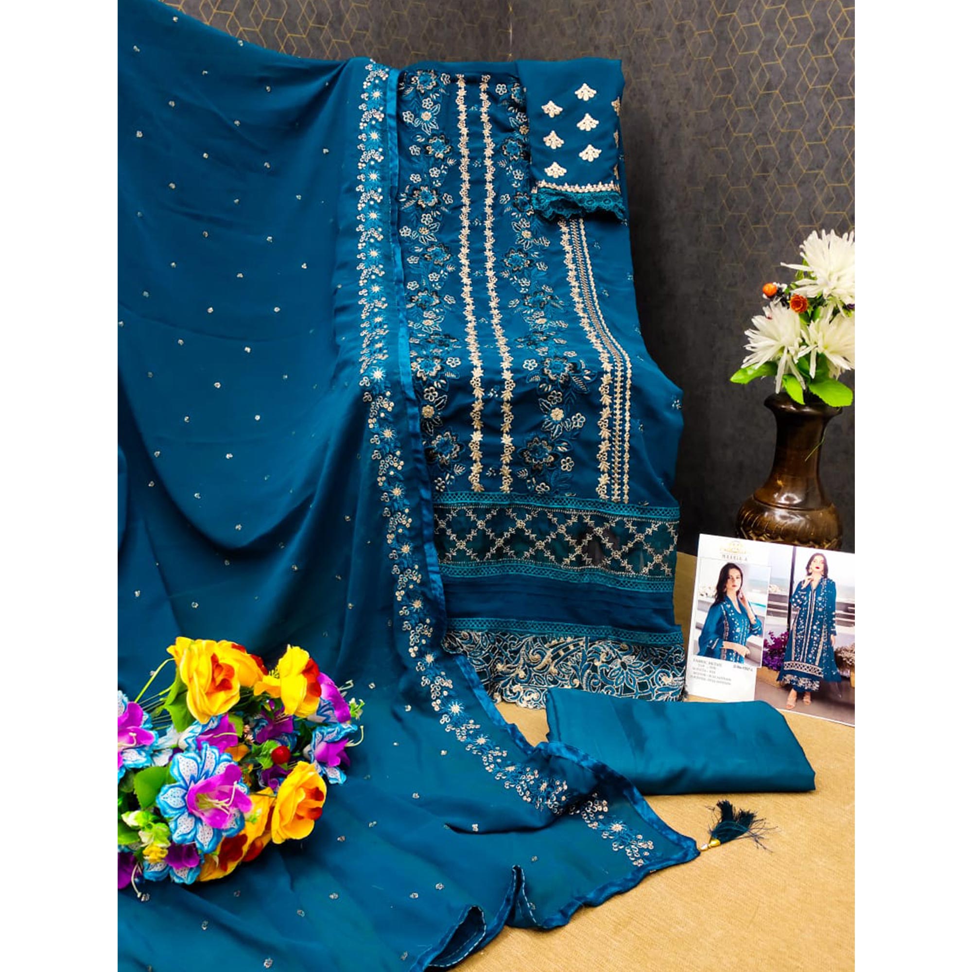 Blue Floral Embroidered Georgette Semi Stitched Pakistani Suit