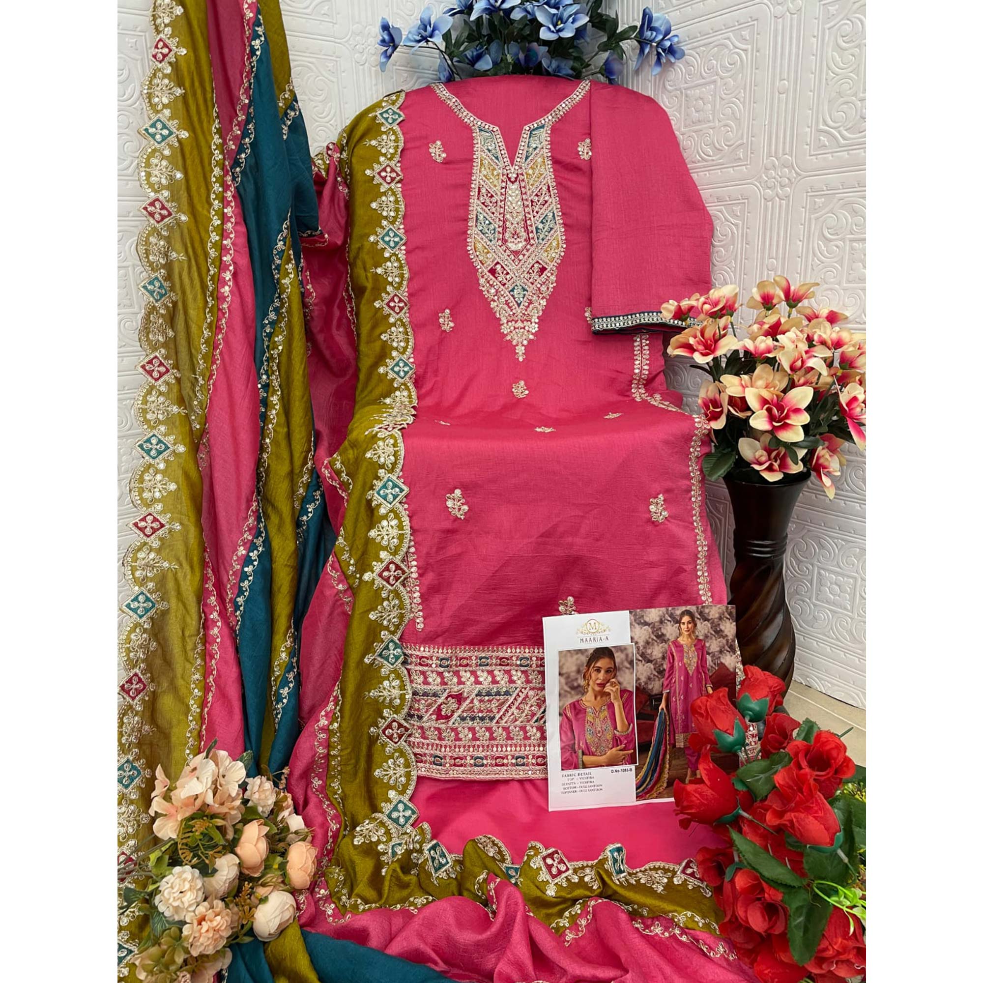 Pink Floral Embroidered Vichitra Silk Semi Stitched Pakistani Dress Material
