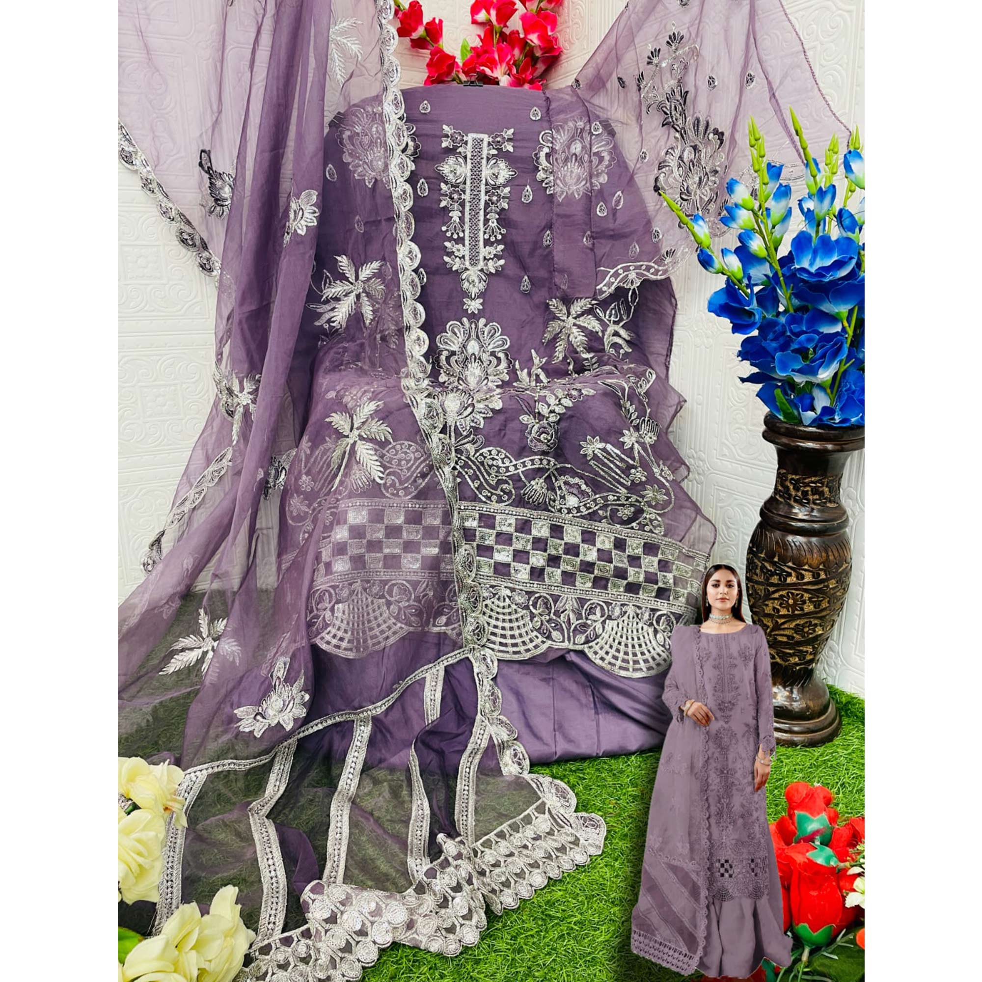 Purple Floral Sequins Embroidered Organza Semi Stitched Pakistani Suit