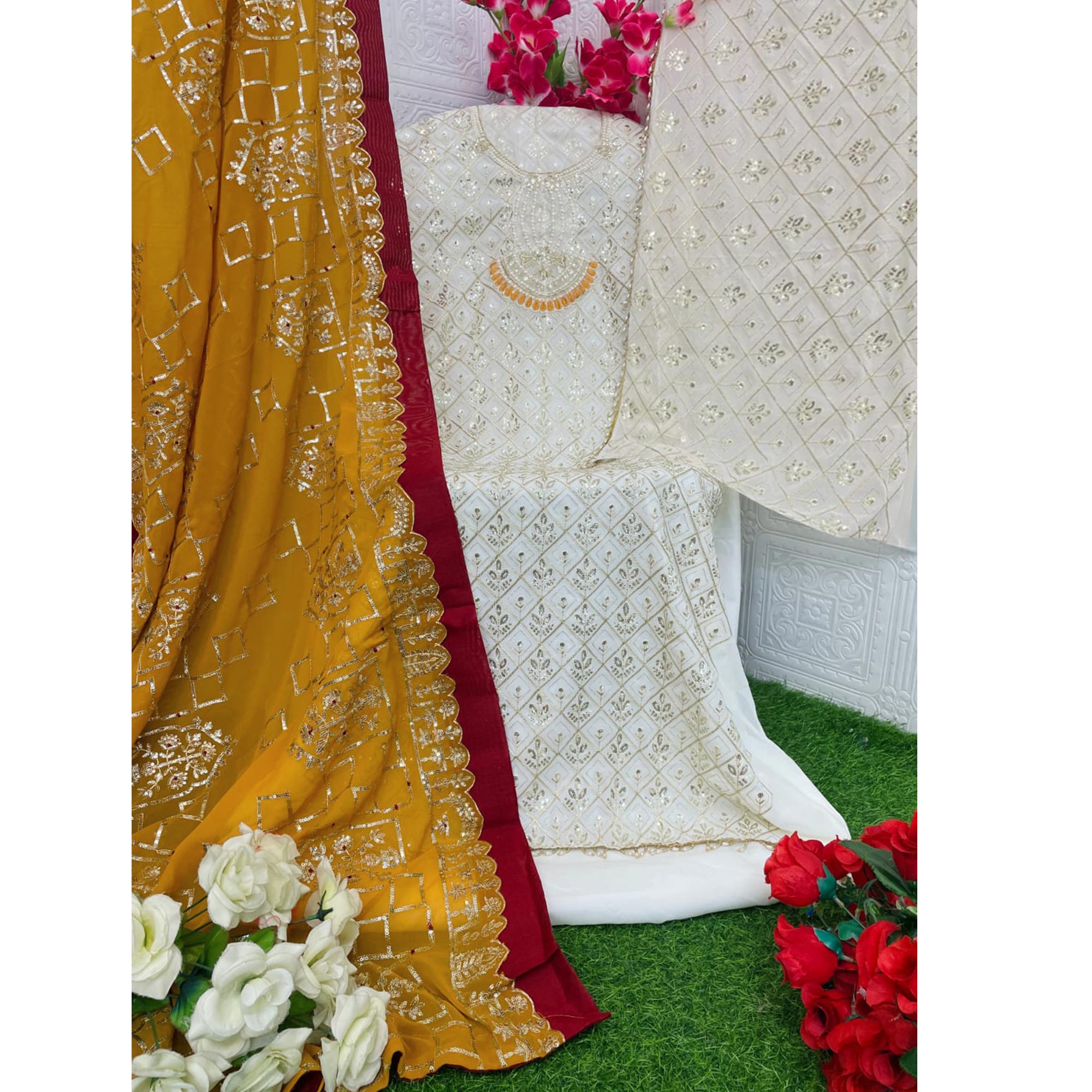 Off White Floral Embroidered Georgette Semi Stitched Pakistani Suit