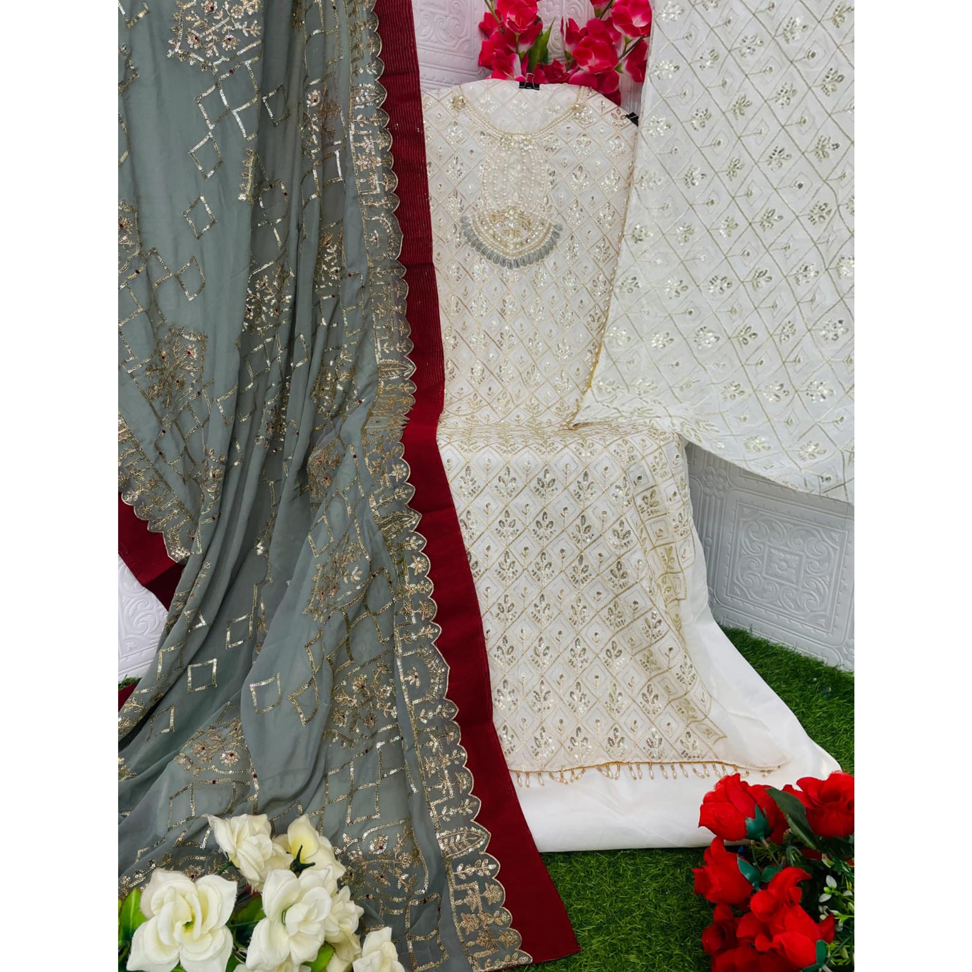 Off White Floral Embroidered Georgette Semi Stitched Pakistani Suit