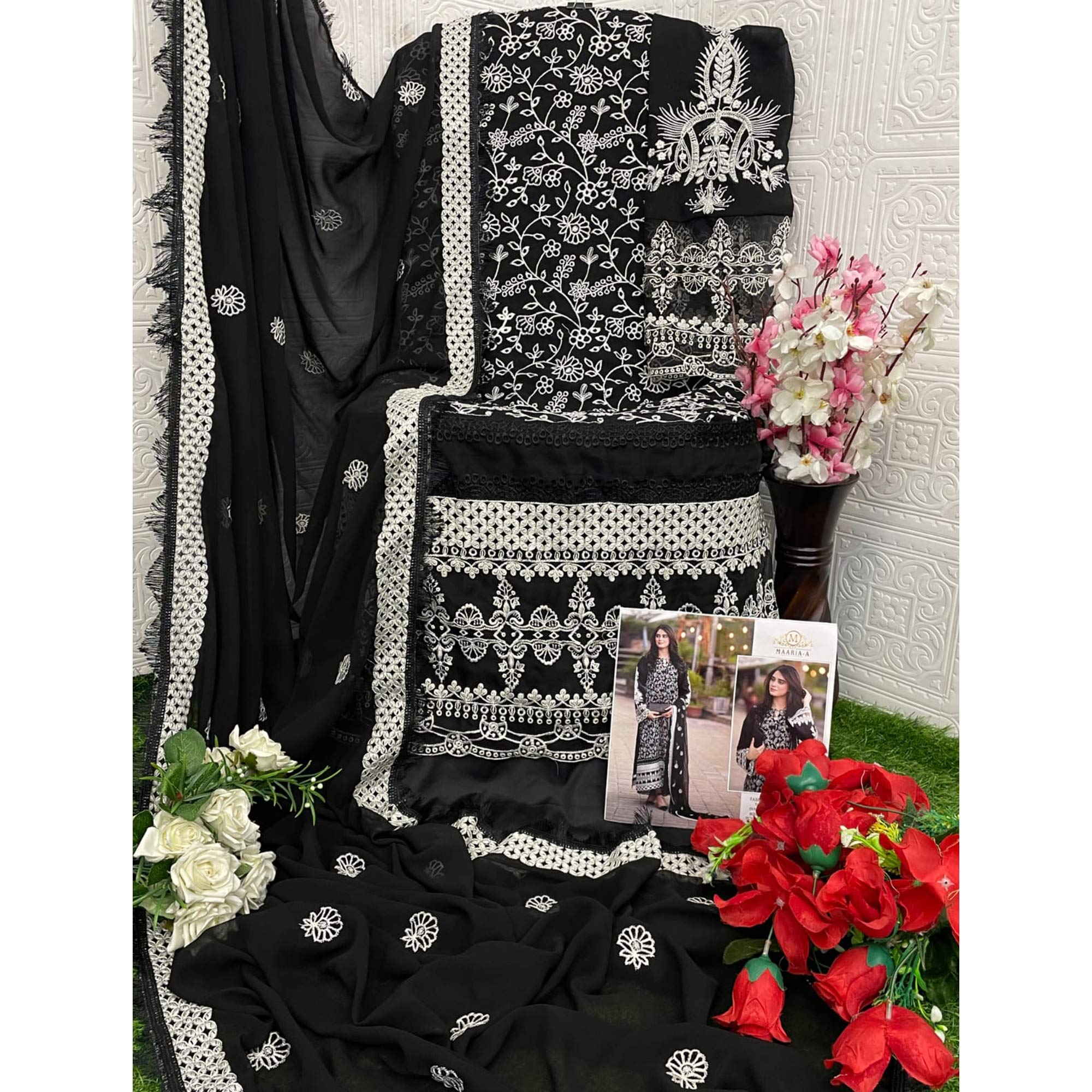 Black Floral Embroiderde Georgette Semi Stitched Pakistani Suit