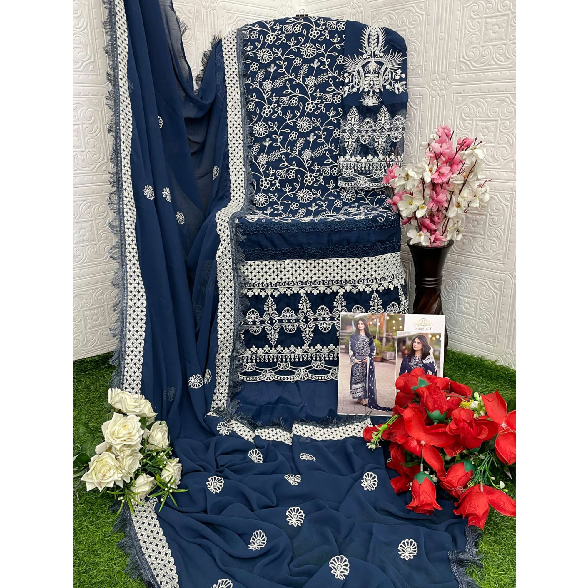 Blue Floral Embroidered Georgette Semi Stitched Pakistani Suit