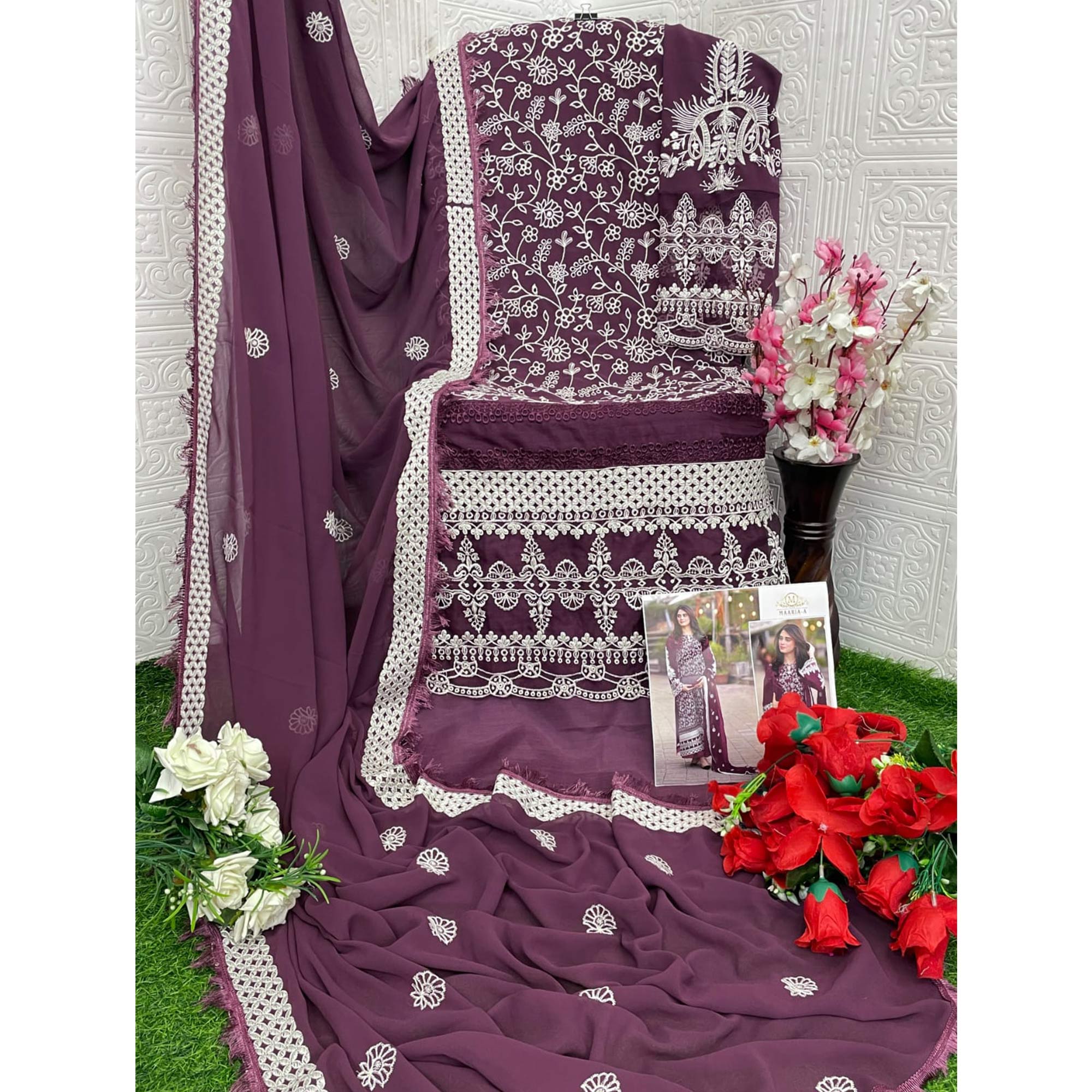 Wine Floral Embroidered Georgette Semi Stitched Pakistani Suit