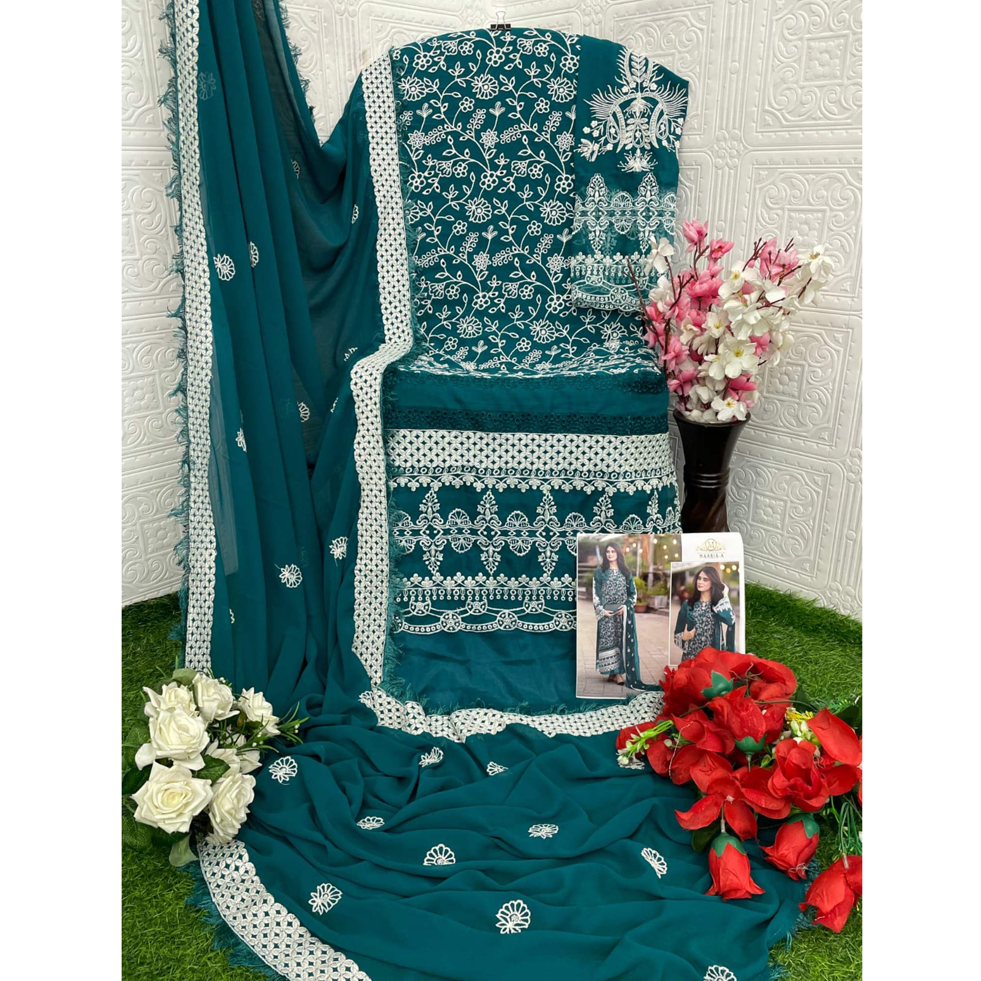 Teal Floral Embroidered Georgette Semi Stitched Pakistani Suit