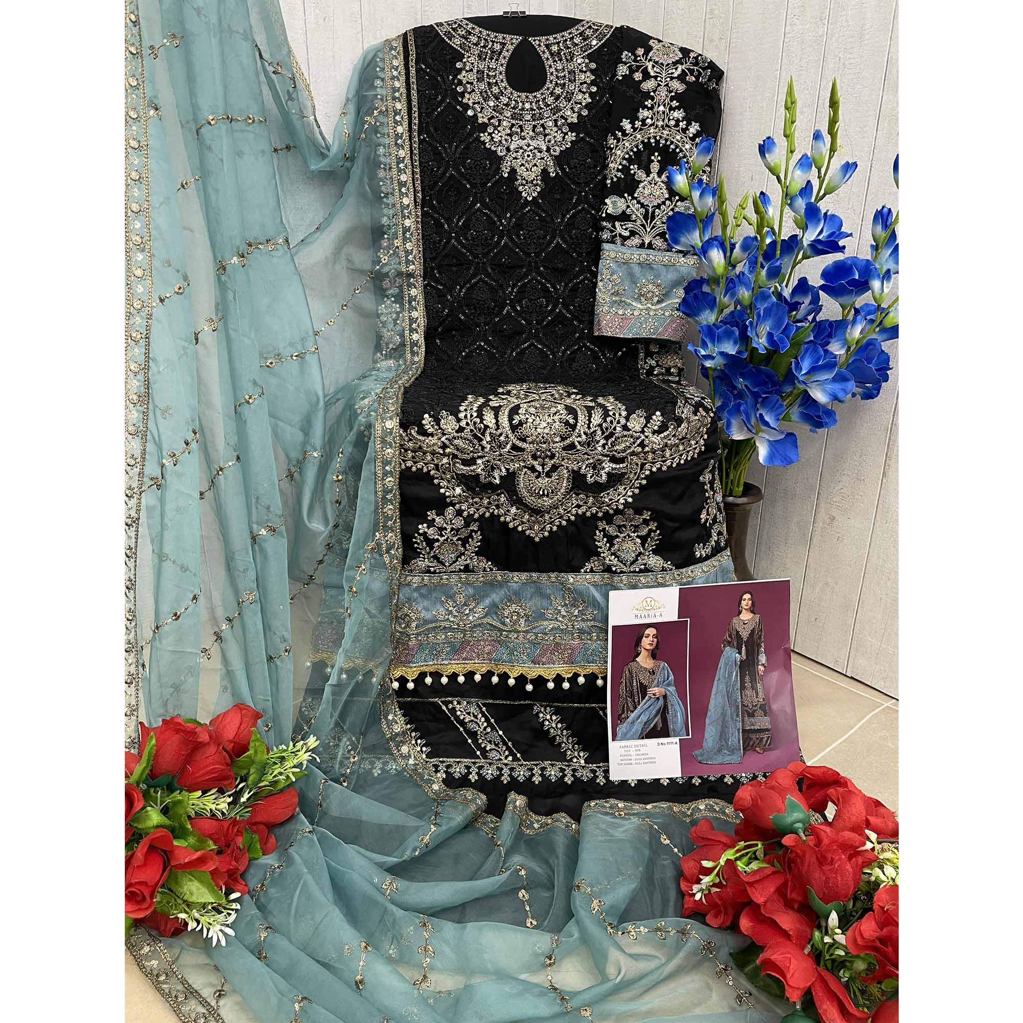 Black & Sky Blue Embroidered Georgette Semi Stitched Pakistani Suit