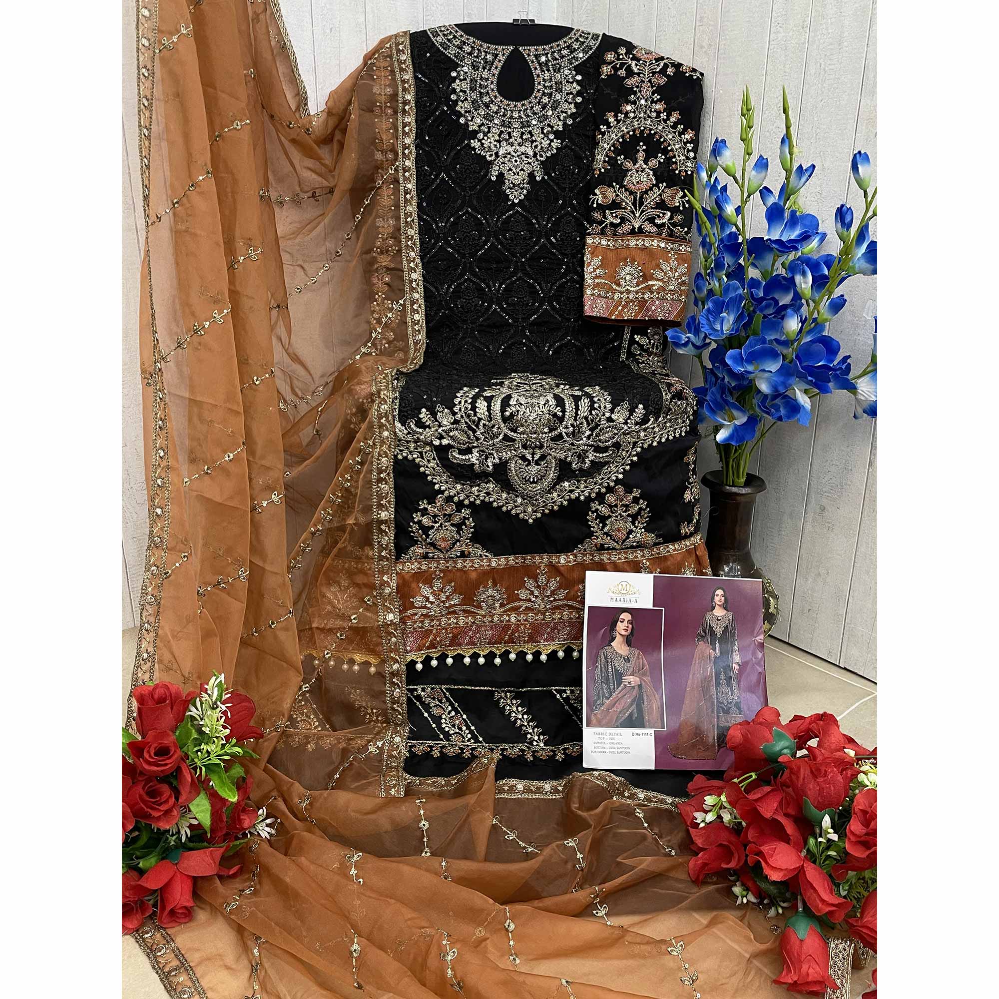 Black & Brown Embroidered Georgette Semi Stitched Pakistani Suit