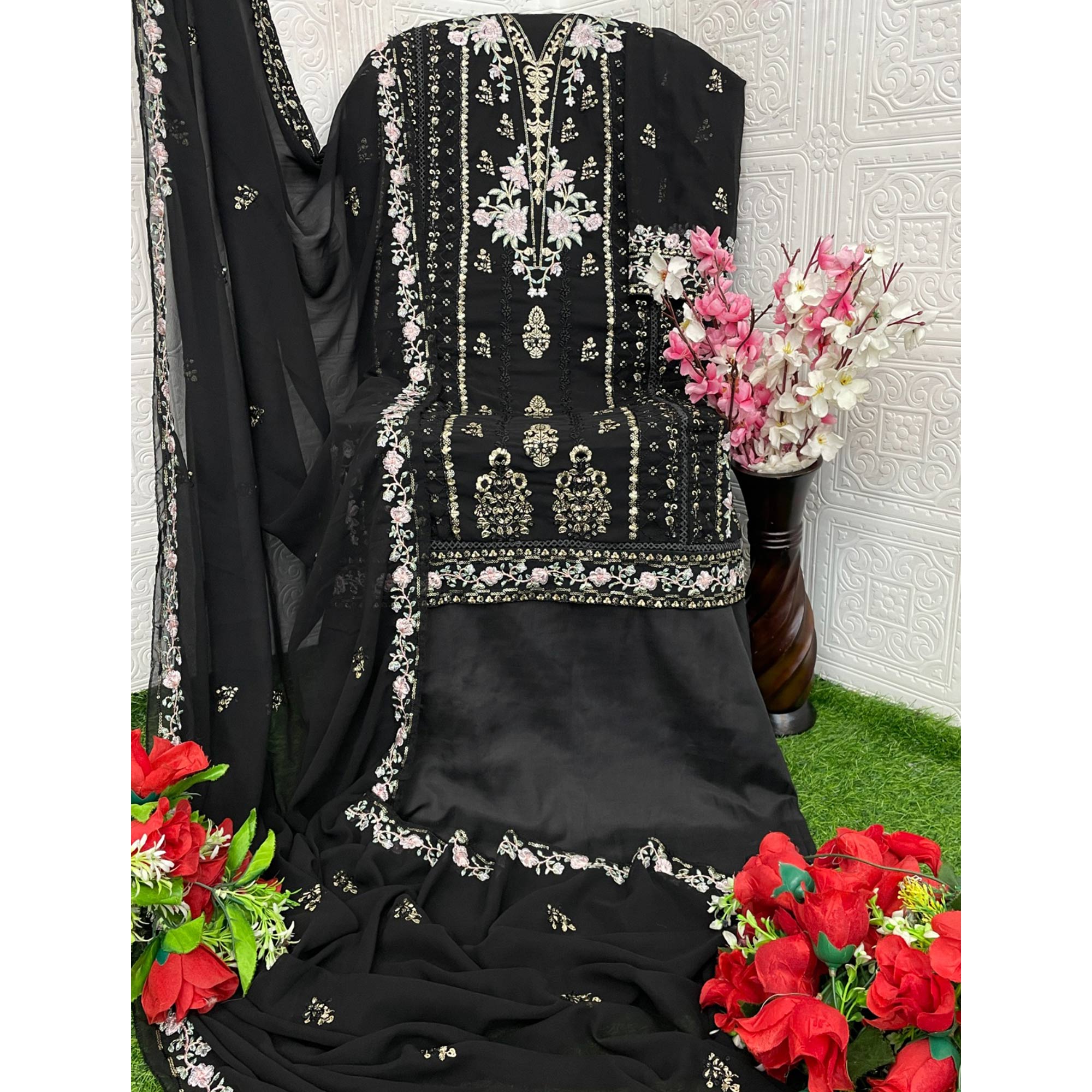 Black Floral Sequins Embroidered Georgette Semi Stitched Pakistani Suit