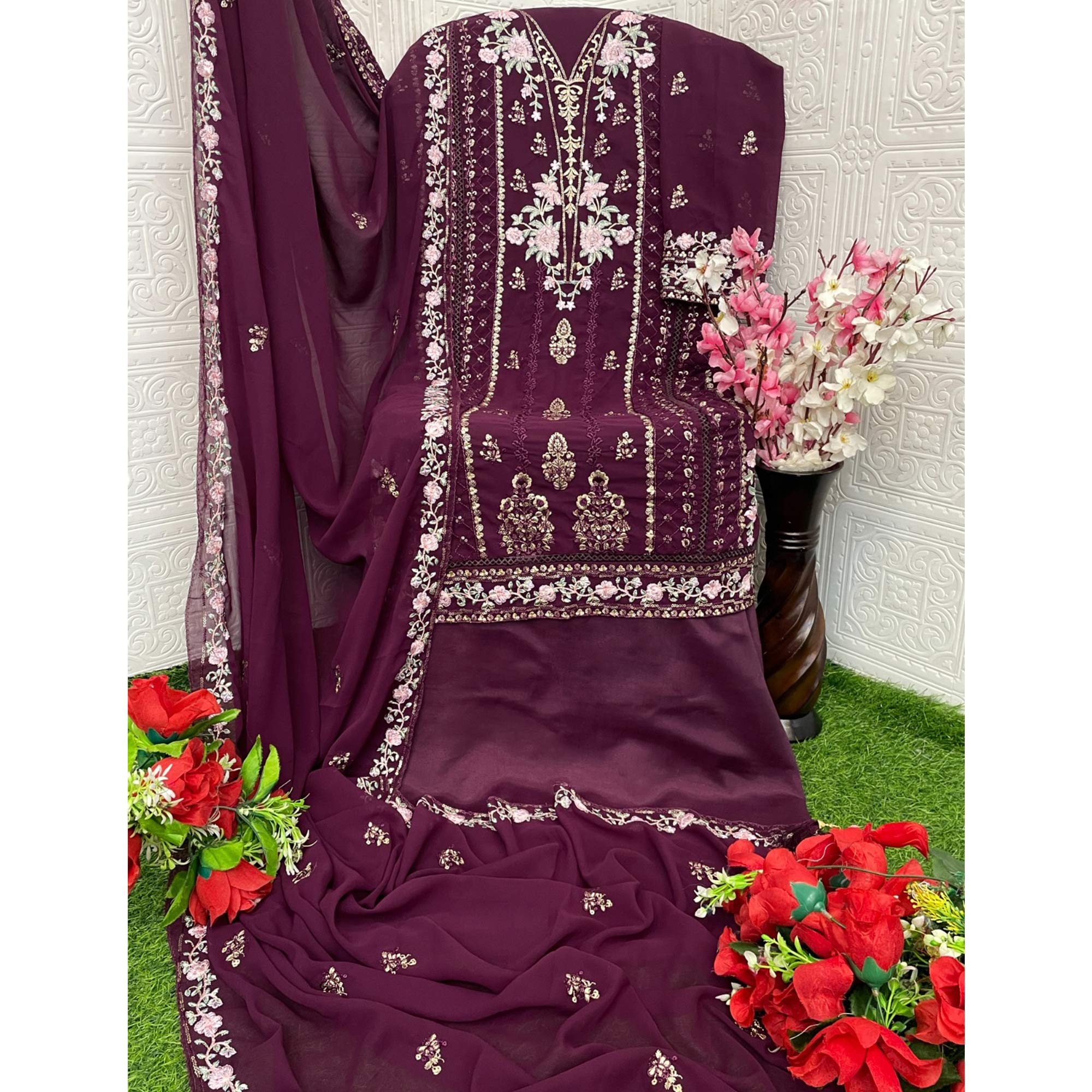 Wine Floral Sequins Embroidered Georgette Semi Stitched Pakistani Suit