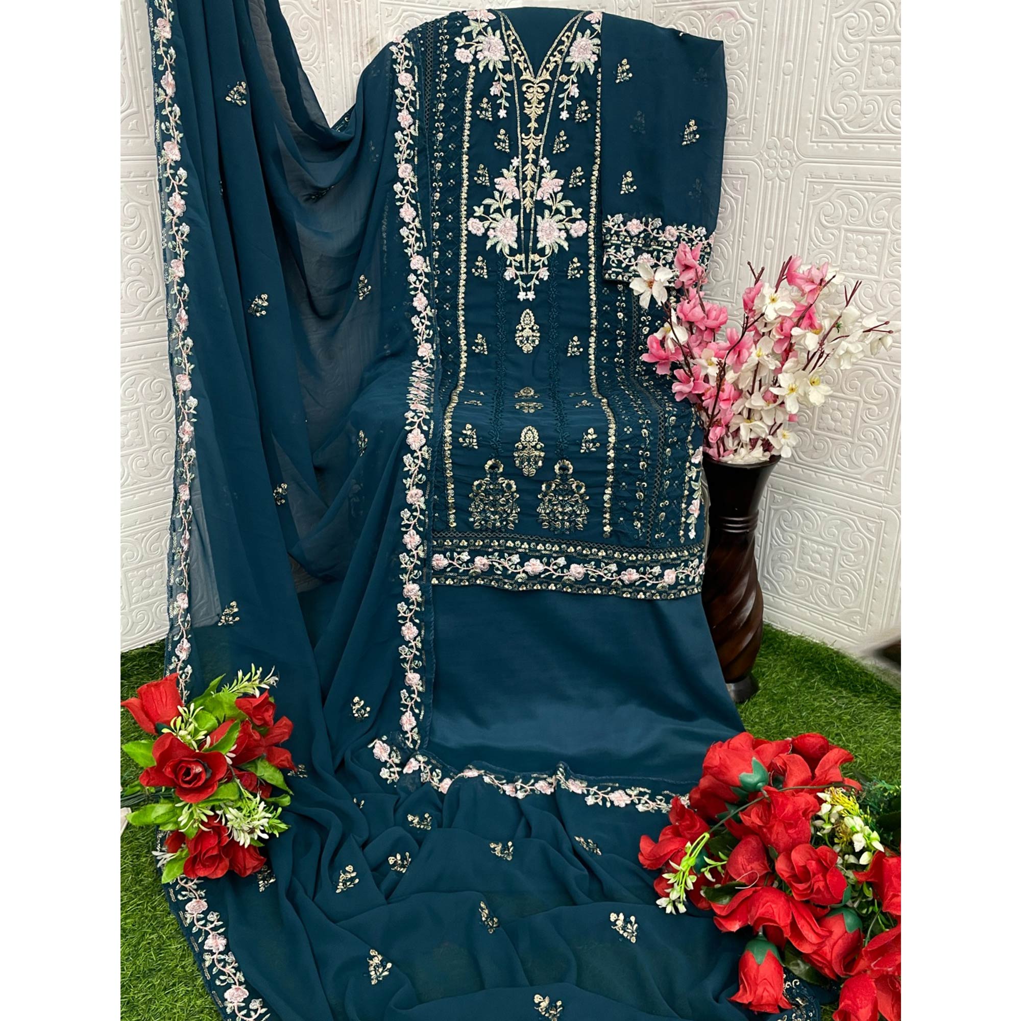 Moprich Floral Sequins Embroidered Georgette Semi Stitched Pakistani Suit