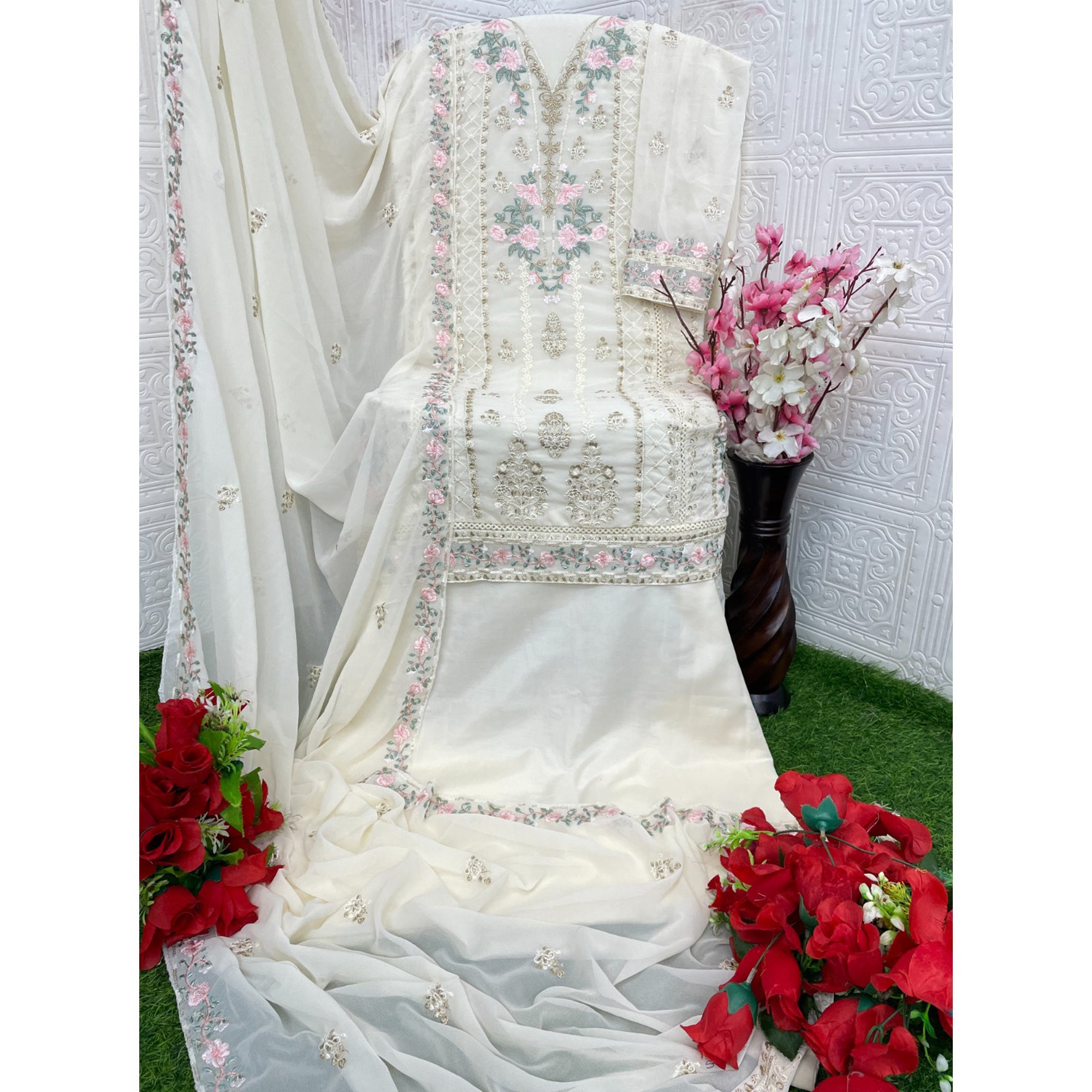 White Floral Sequins Embroidered Georgette Semi Stitched Pakistani Suit