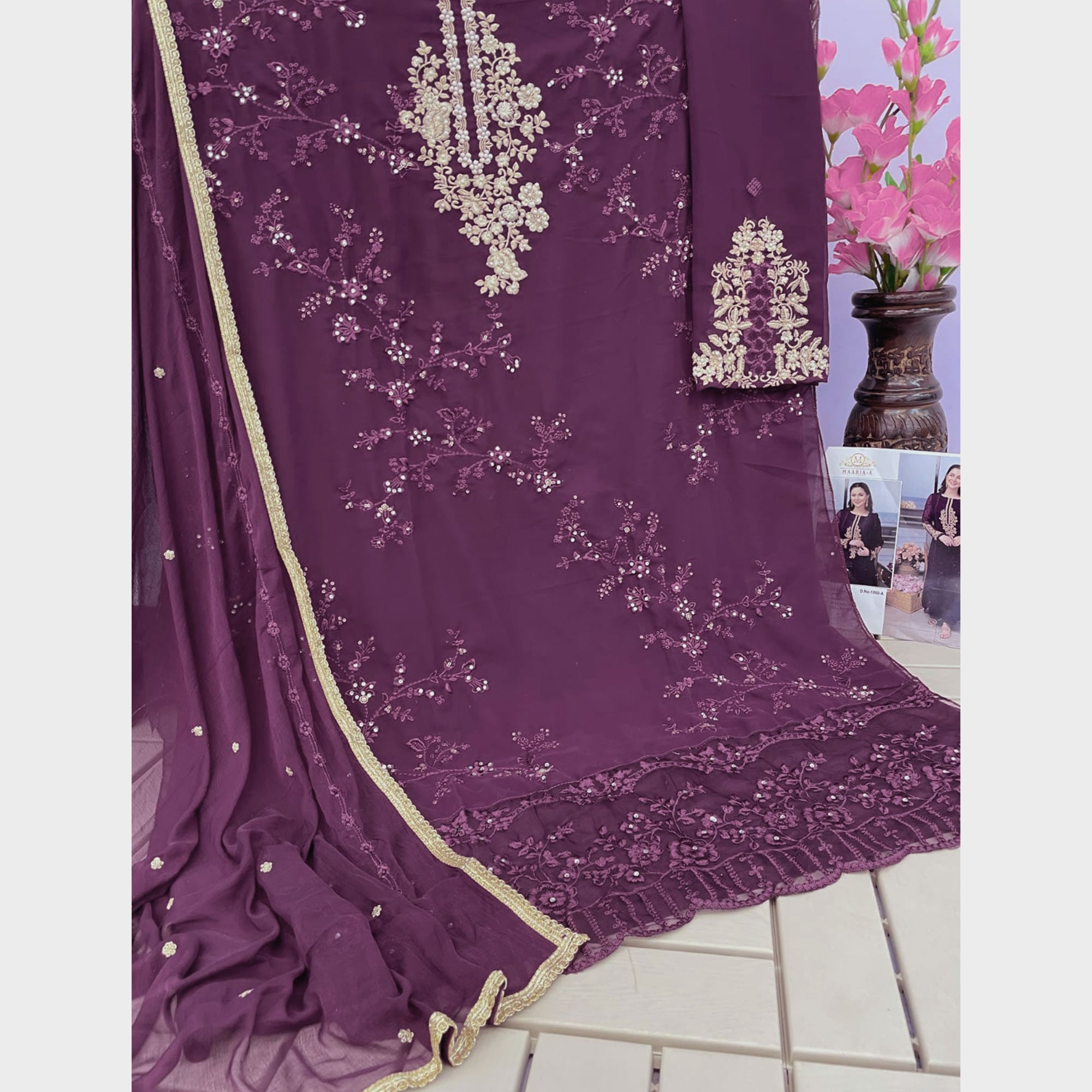 Purple Floral Embroidered Georgette Semi Stitched Pakistani Suit