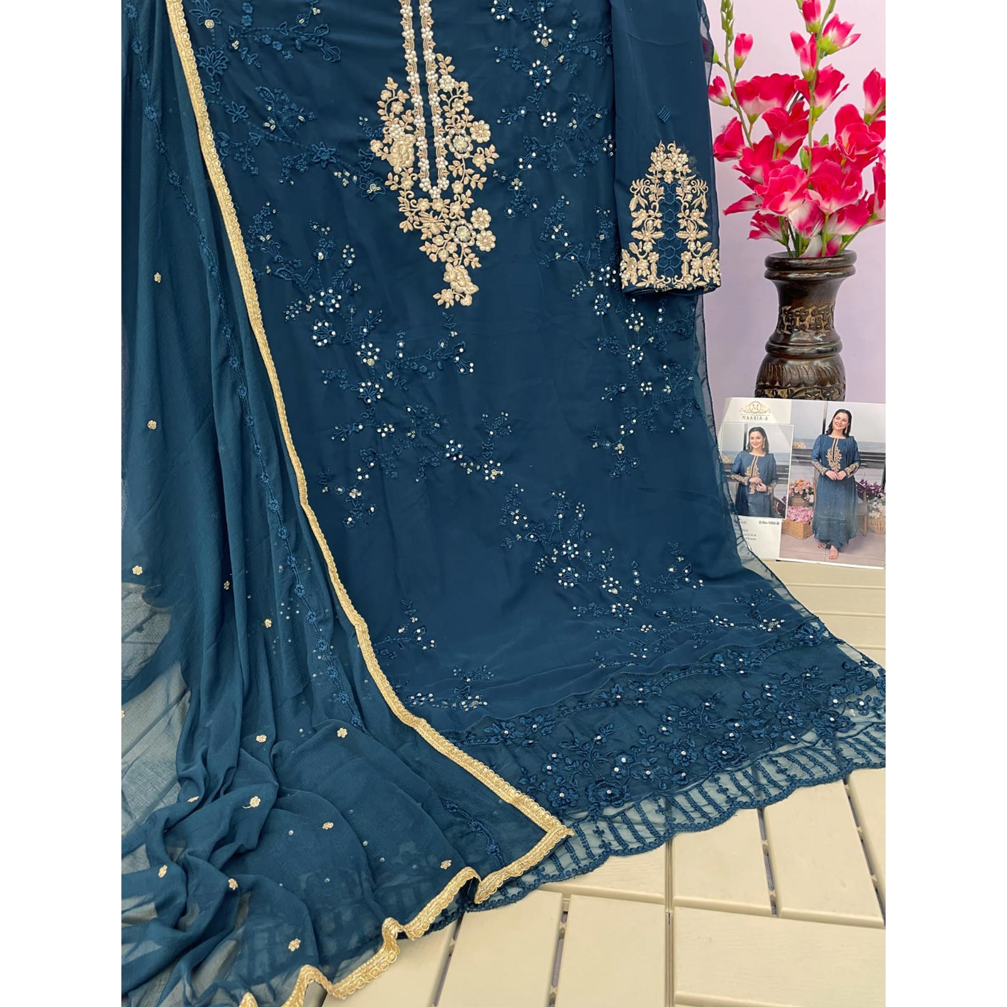 Blue Floral Embroidered Georgette Semi Stitched Pakistani Suit