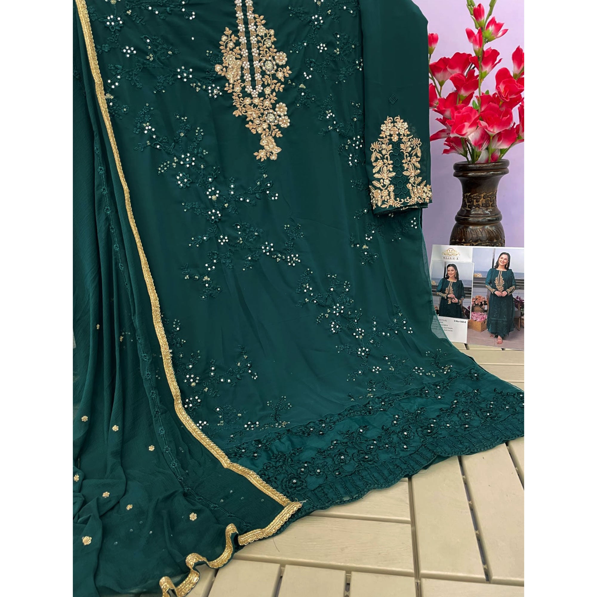 Teal Floral Embroidered Georgette Semi Stitched Pakistani Suit