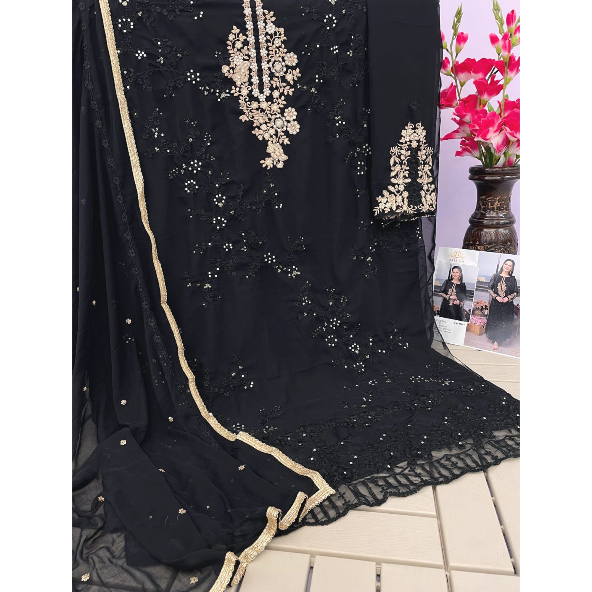 Black Floral Embroidered Georgette Semi Stitched Pakistani Suit