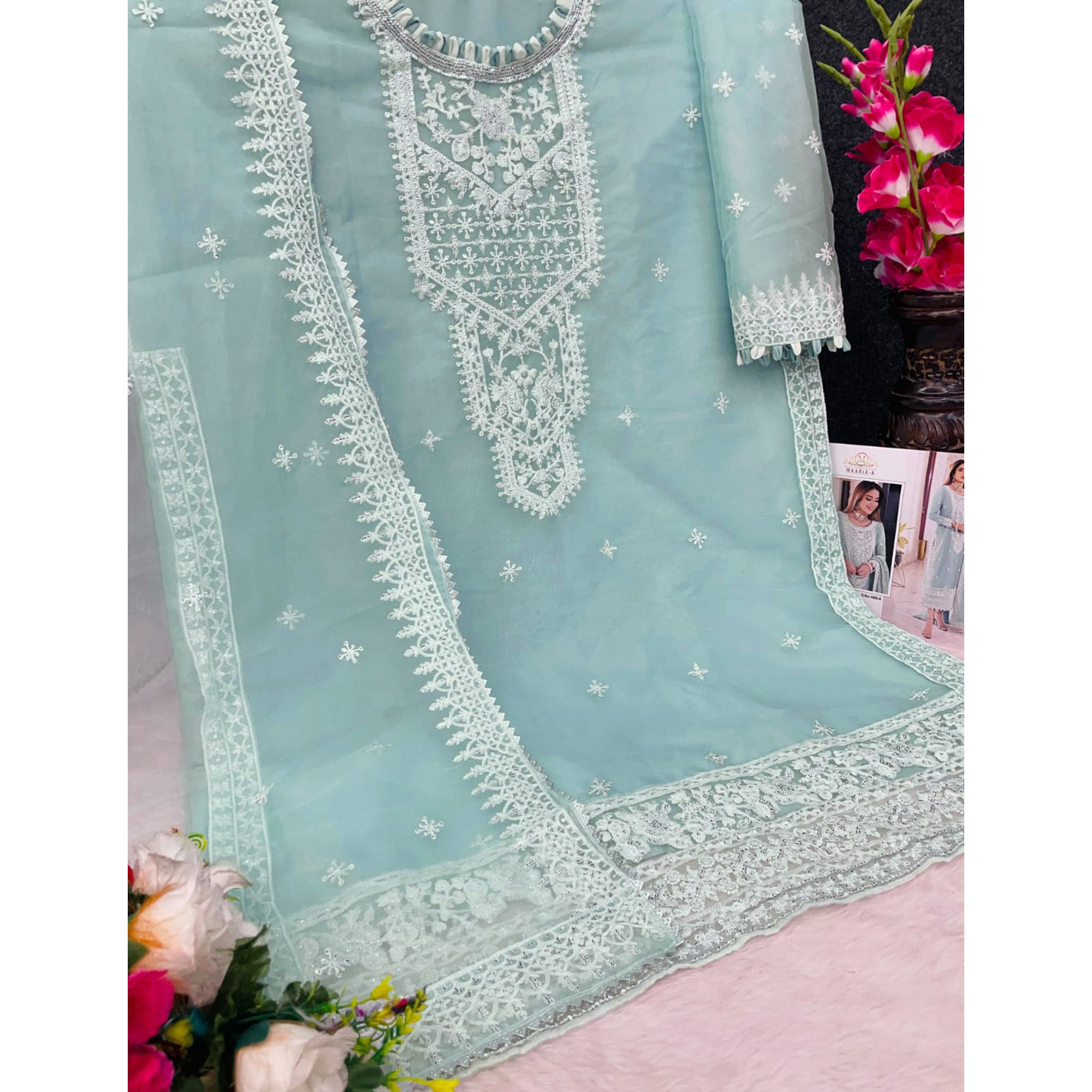 Sea Green Embroidered Organza Pakistani Semi Stitched Dress Material