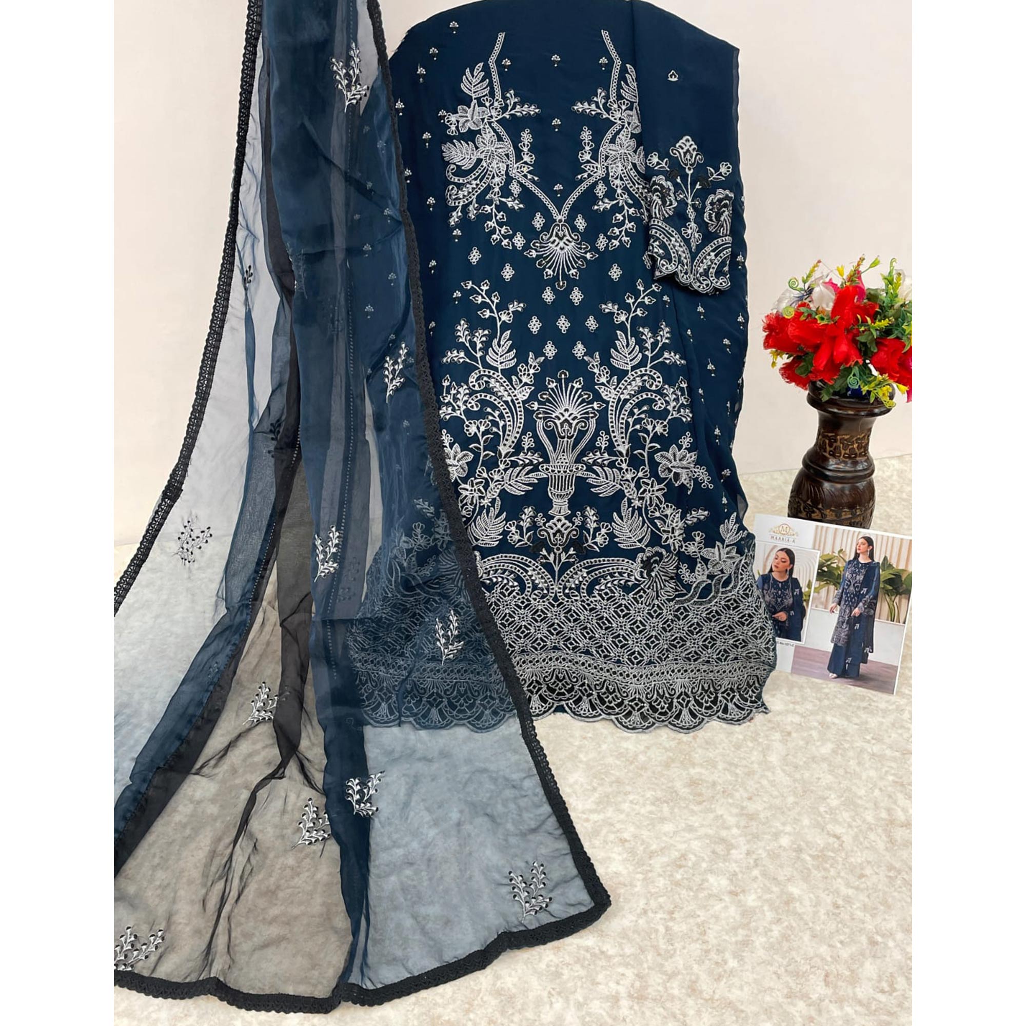 Indigo Blue Embroidered Georgette Pakistani Semi Stitched Dress Material