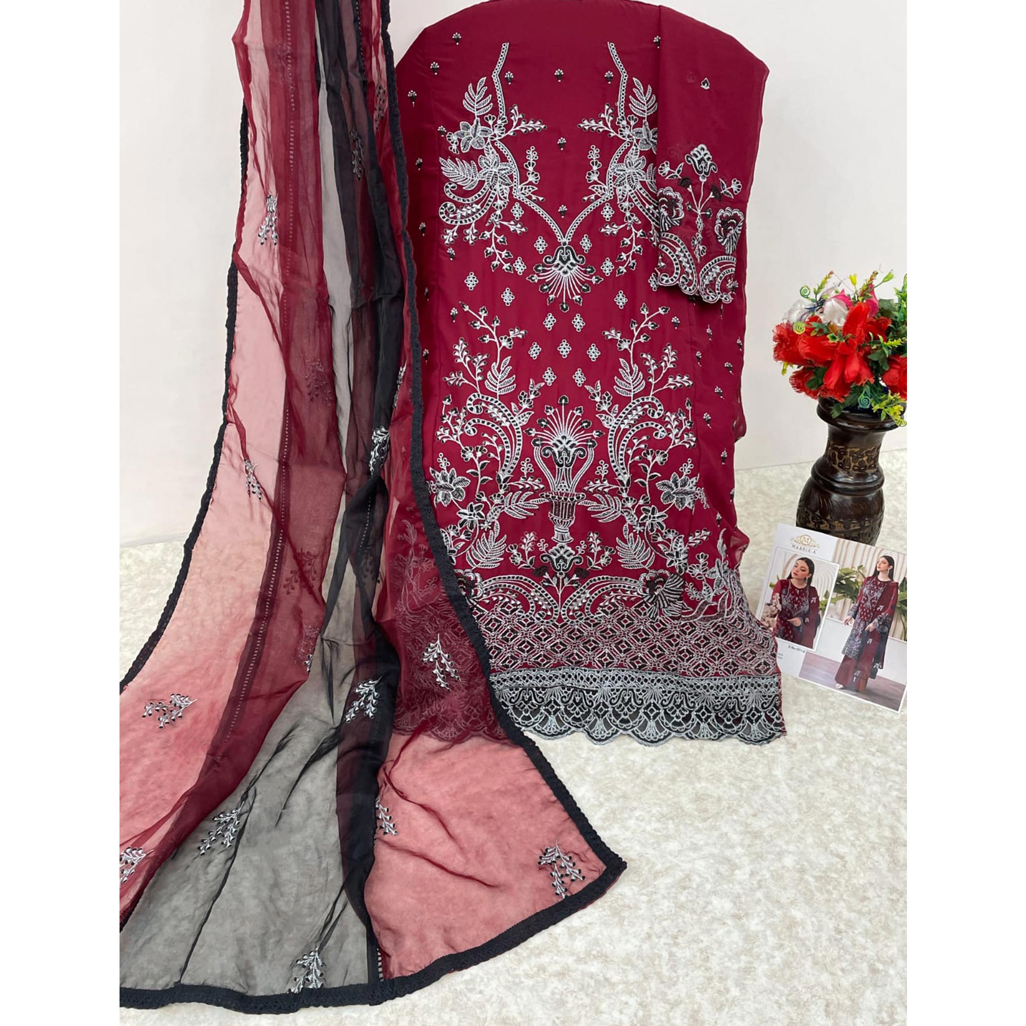 Maroon Embroidered Georgette Pakistani Semi Stitched Dress Material