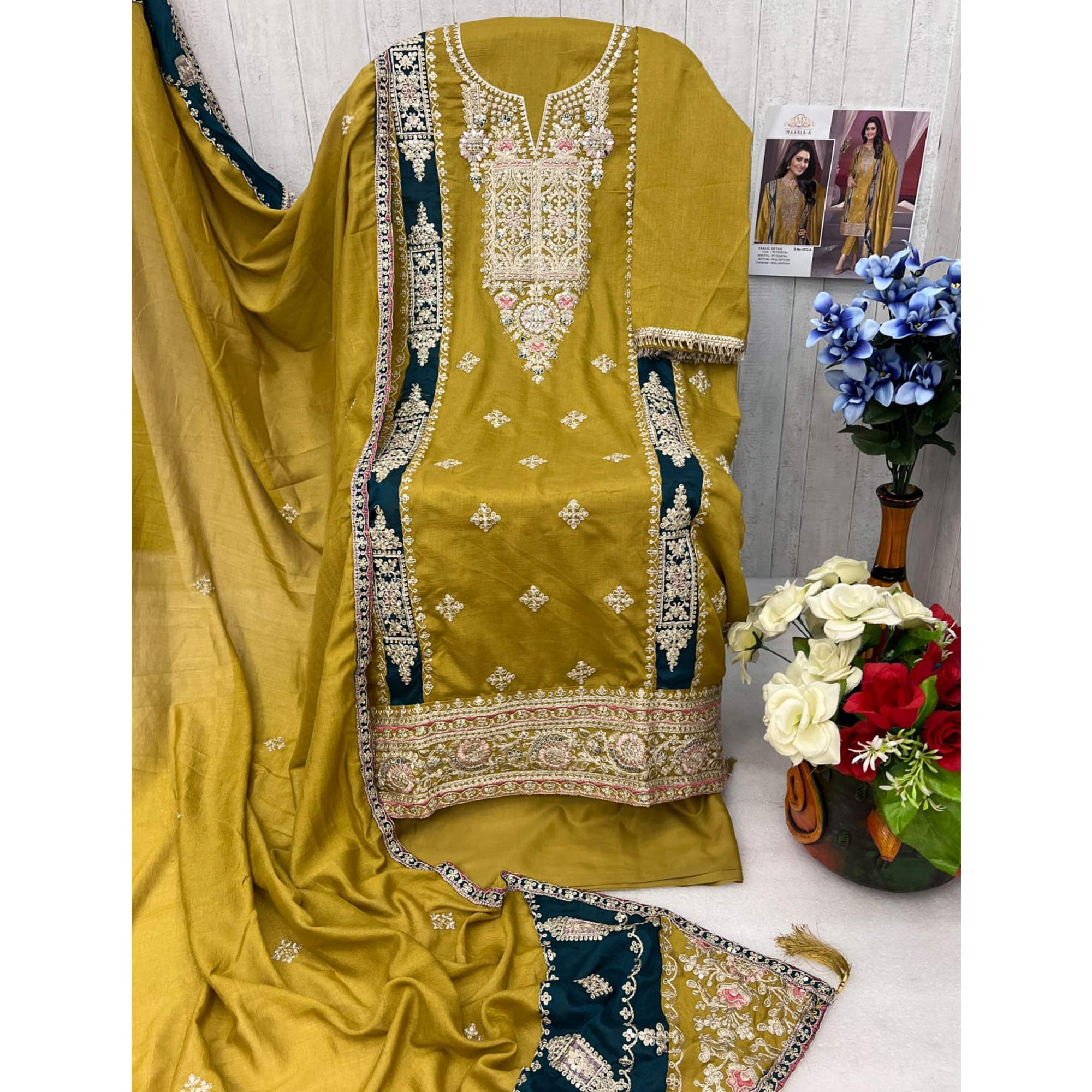 Mustard Floral Embroidered Vichitra Silk Semi Stitched Pakistani Suit