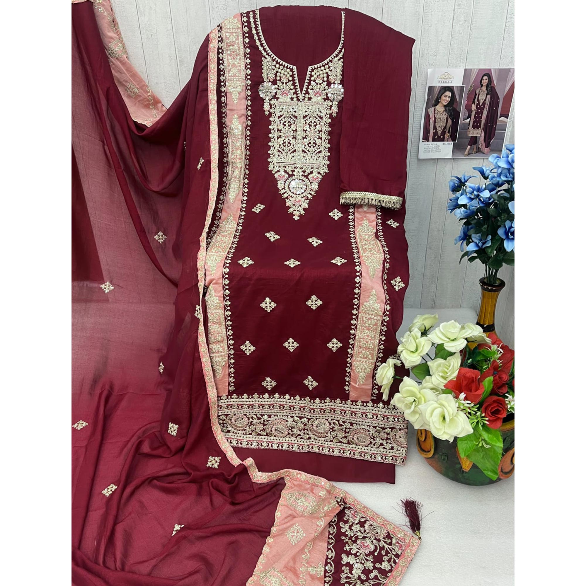 Maroon Floral Embroidered Vichitra Silk Semi Stitched Pakistani Suit