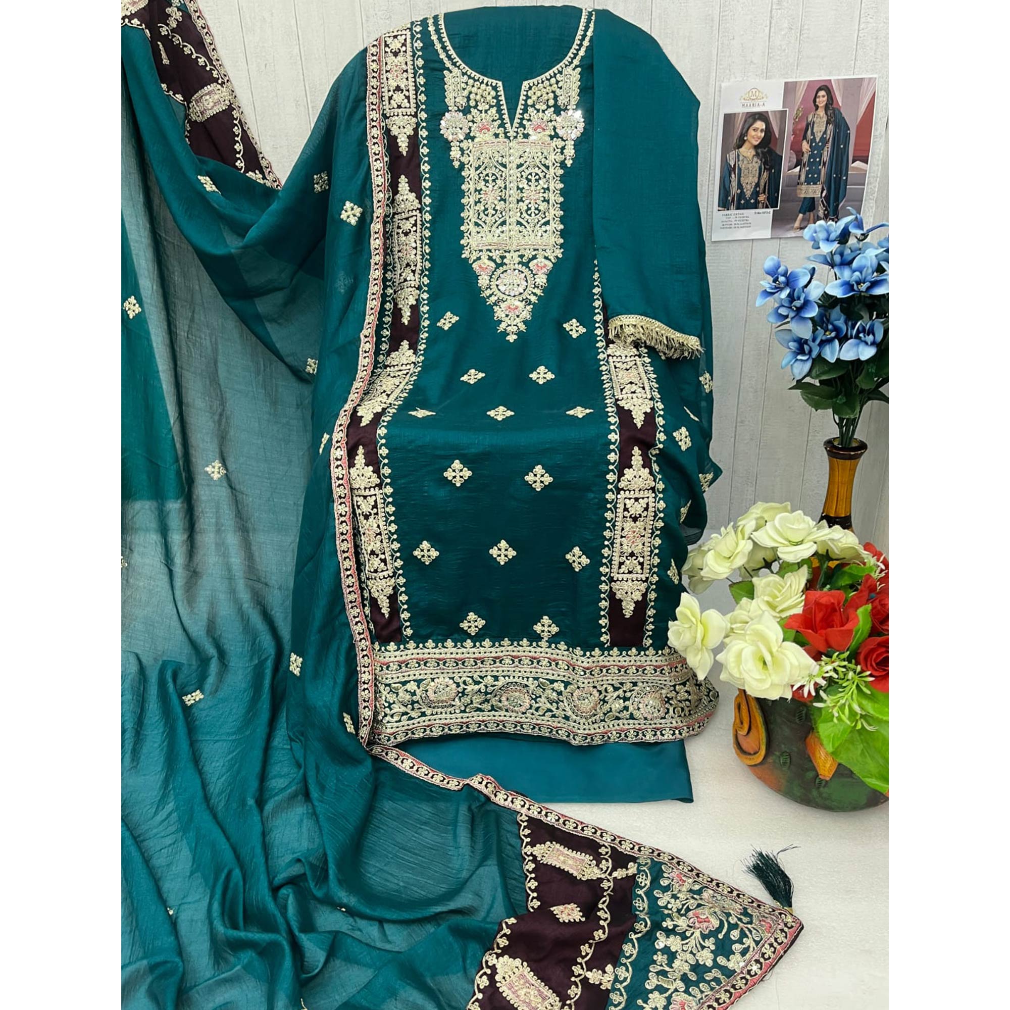 Teal Floral Embroidered Vichitra Silk Semi Stitched Pakistani Suit