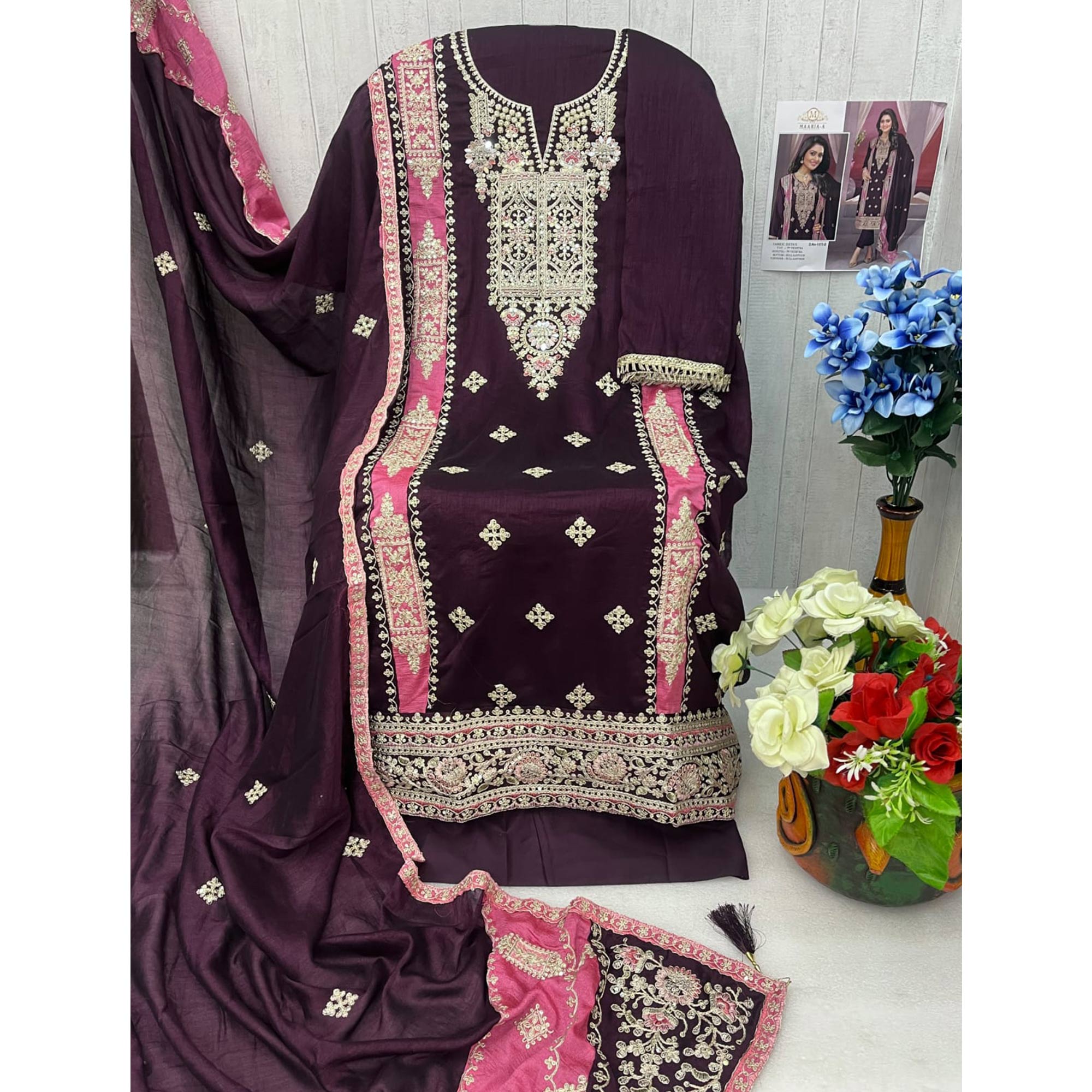 Wine Floral Embroidered Vichitra Silk Semi Stitched Pakistani Suit