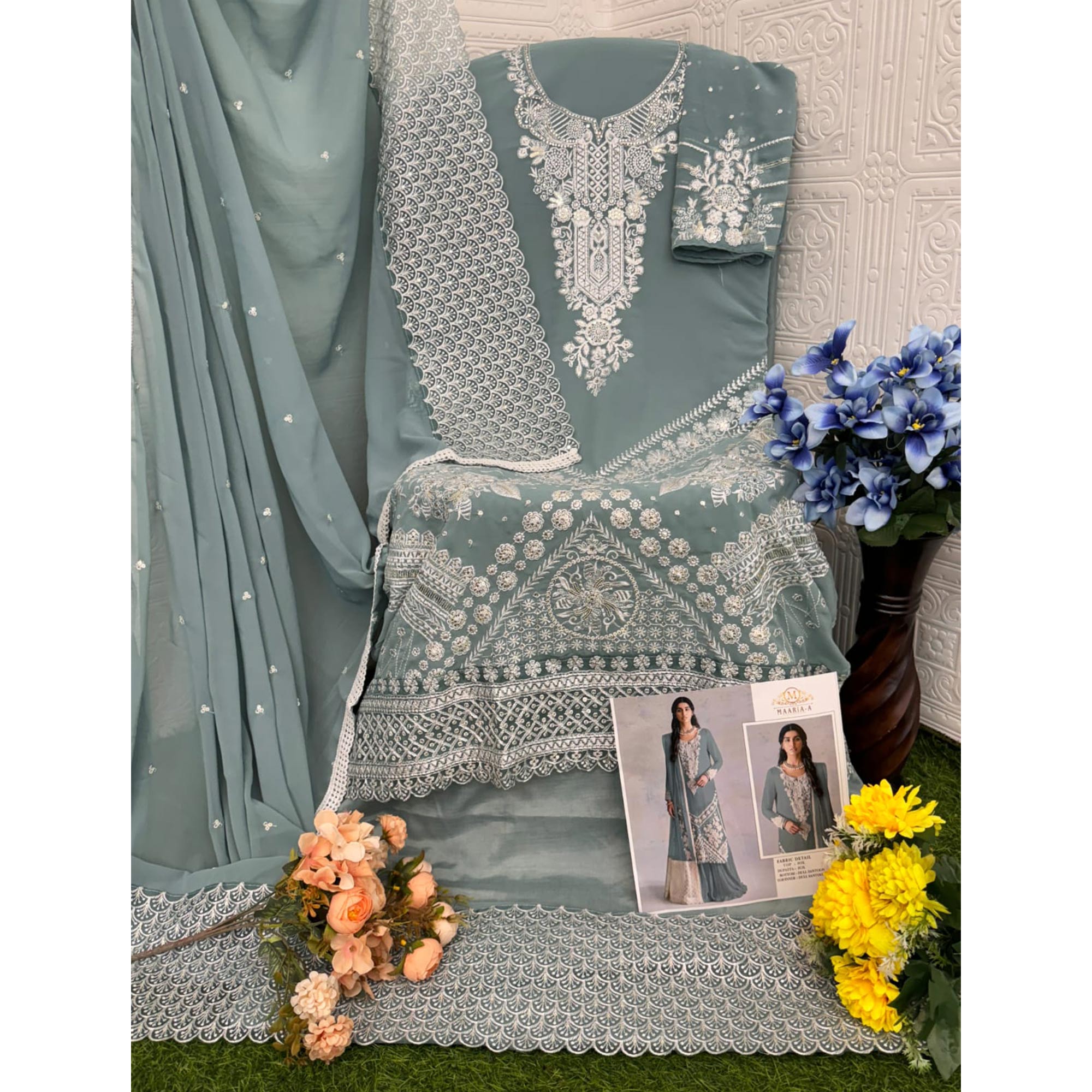 Sky Blue Embroidered Georgette Pakistani Dress Material