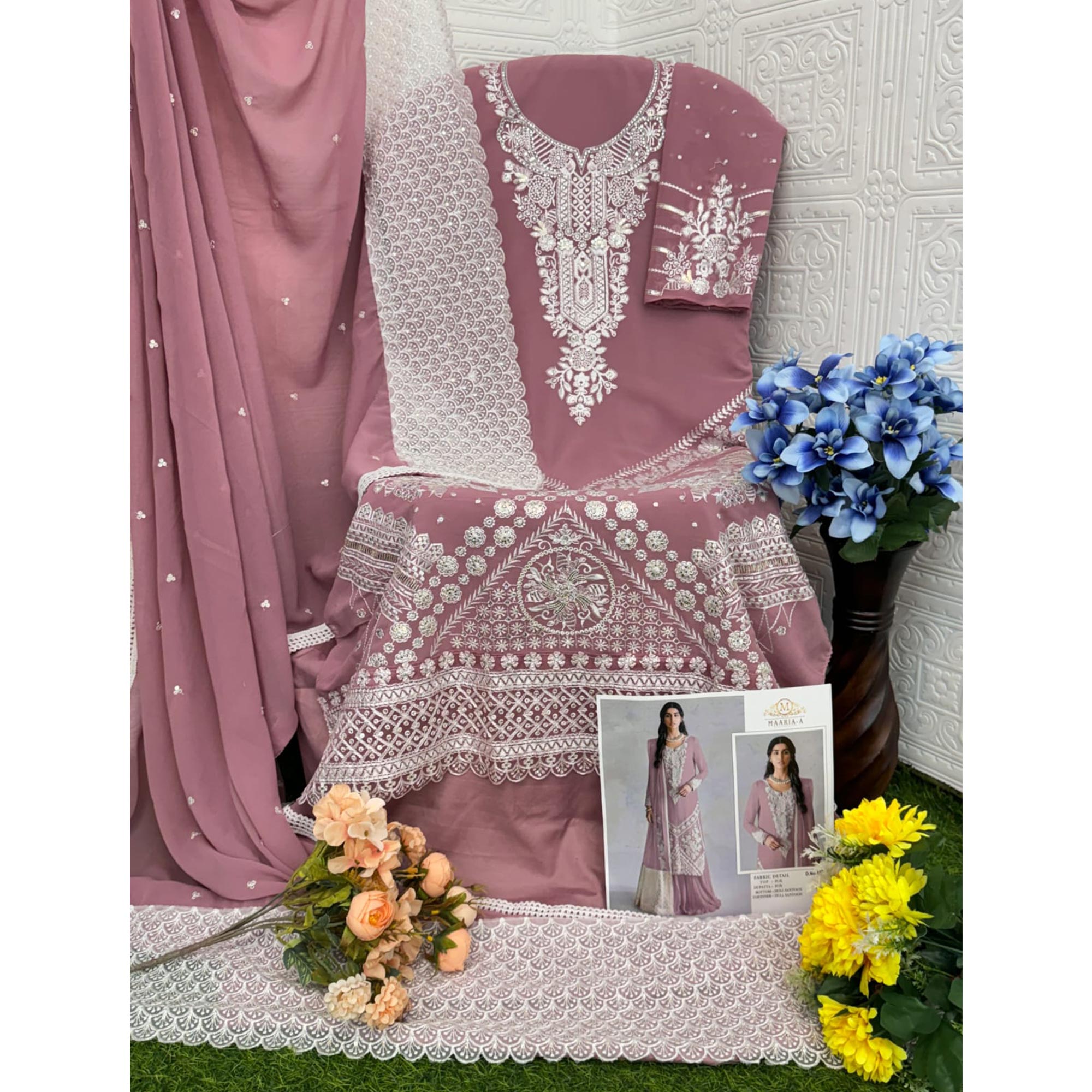 Pink Embroidered Georgette Pakistani Dress Material