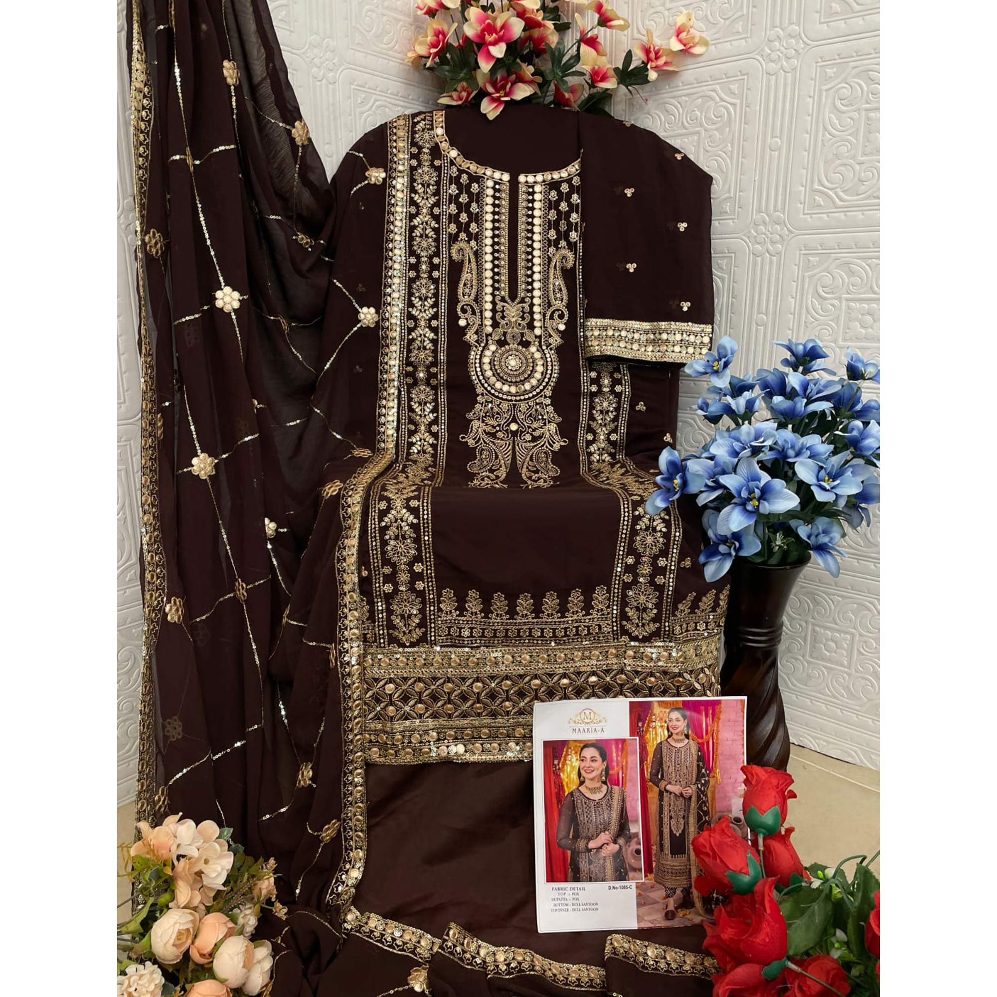 Brown Embroidered Georgette Pakistani Dress Material