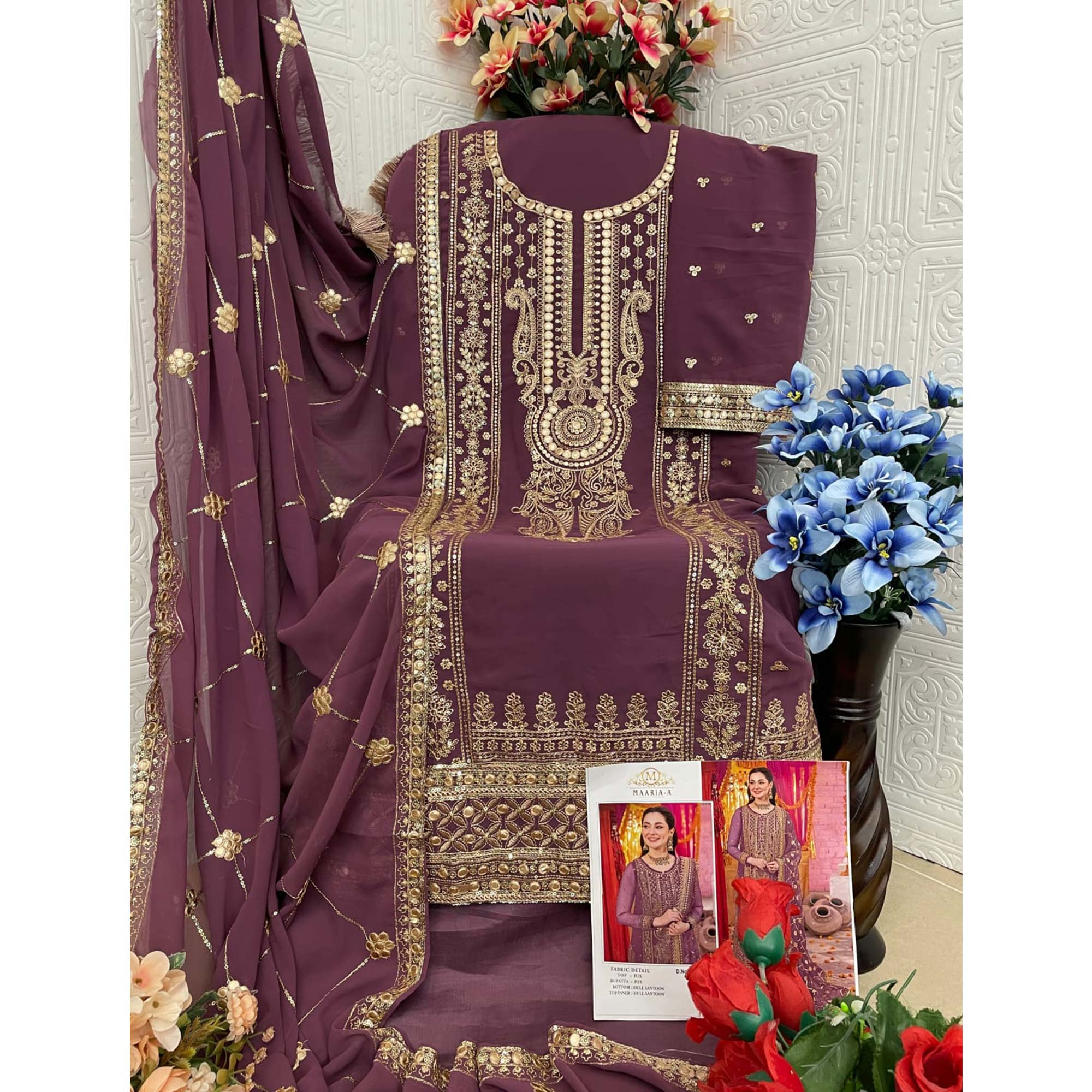 Purple Embroidered Georgette Pakistani Dress Material