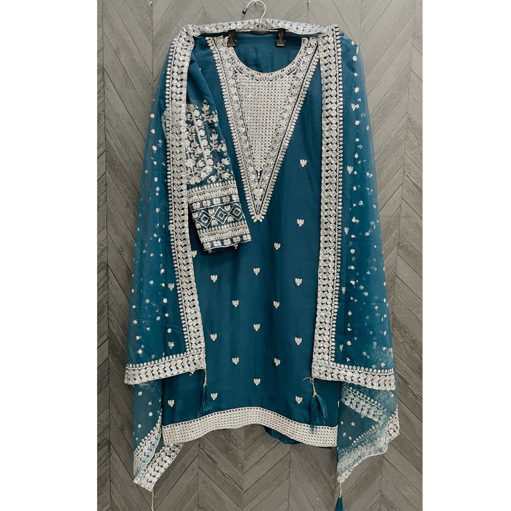 Teal Blue Sequins Embroidered Georgette Pakistani Suit