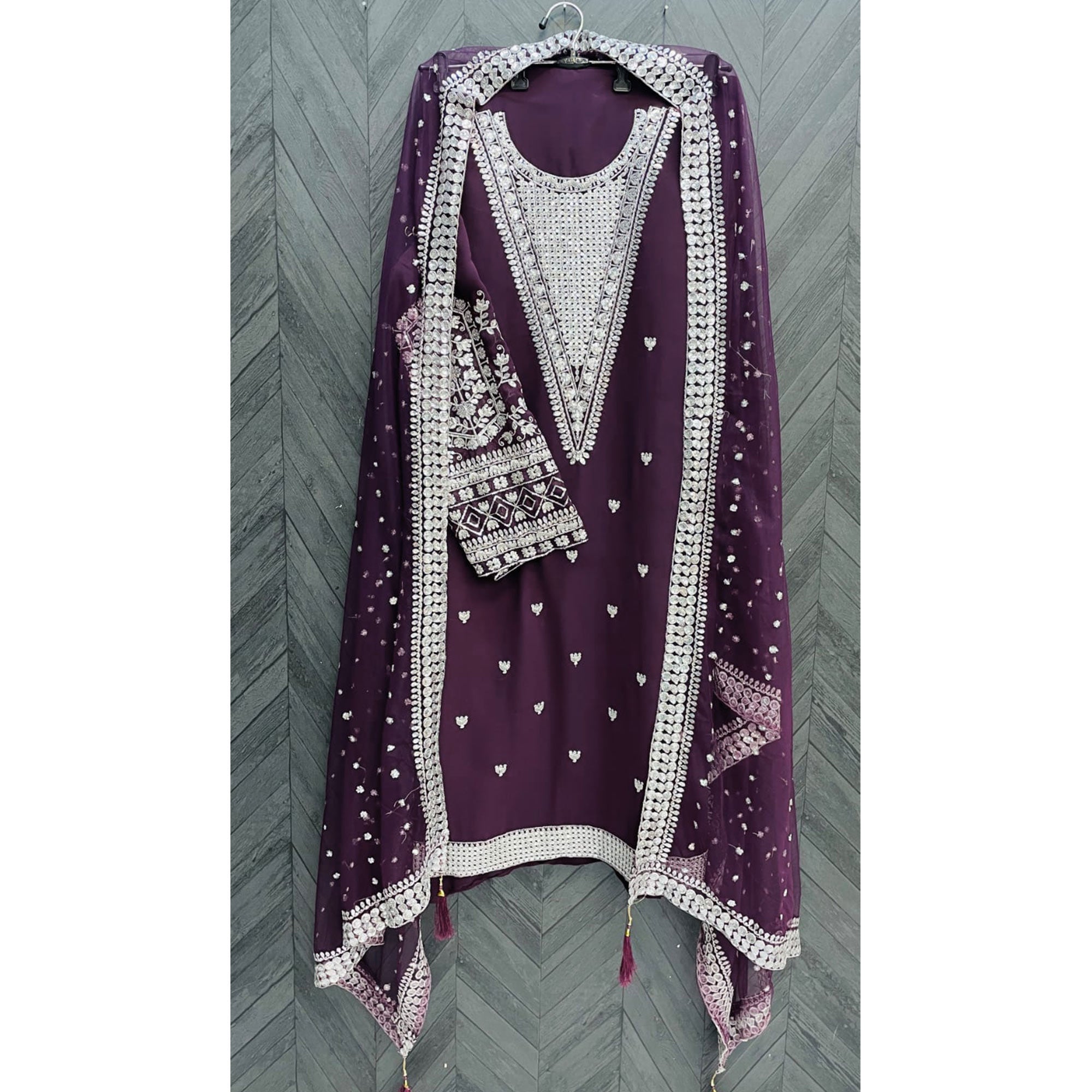 Purple Sequins Embroidered Georgette Pakistani Suit