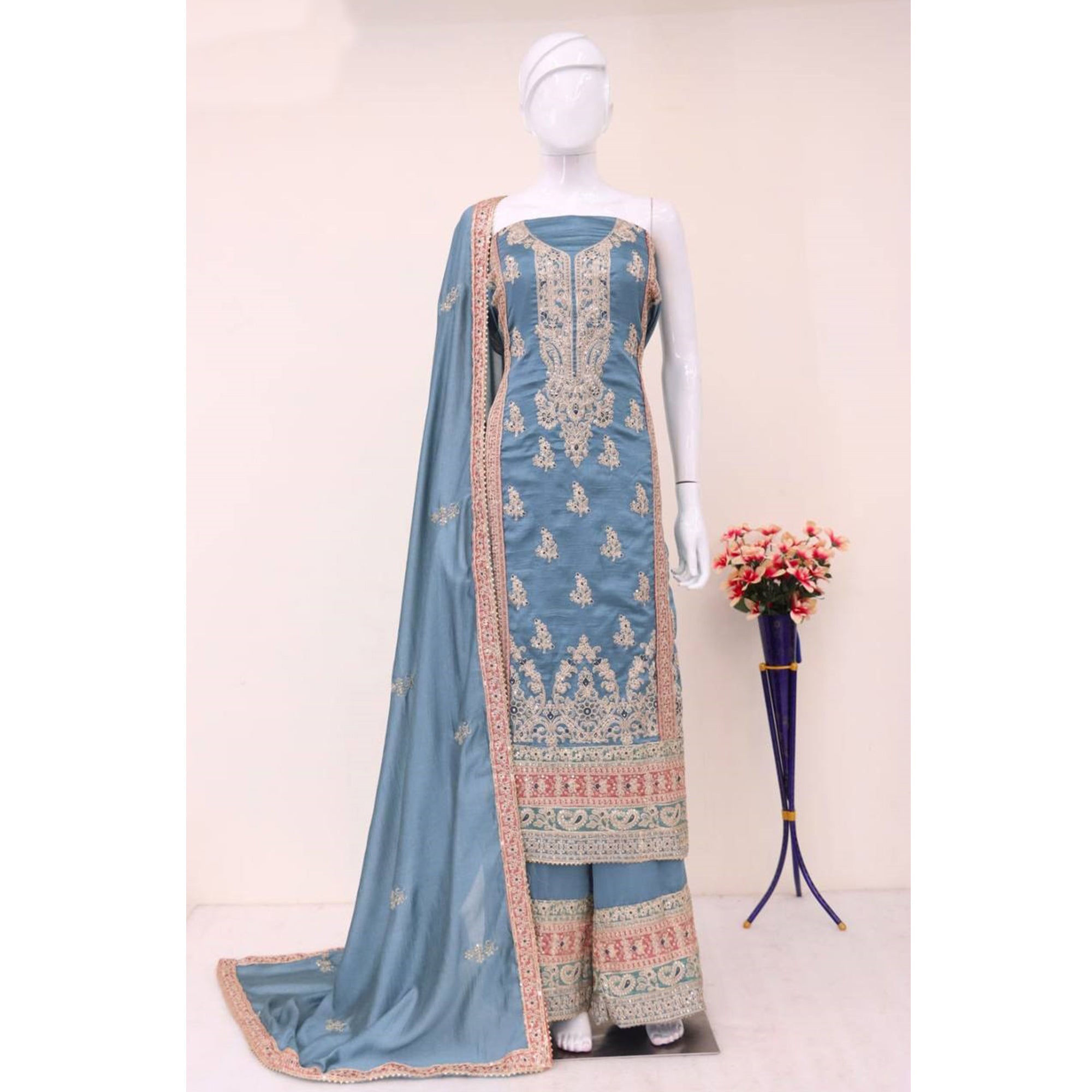 Grey Floral Sequins Embroidered Vichitra Silk Semi Stitched Palazzo Suit