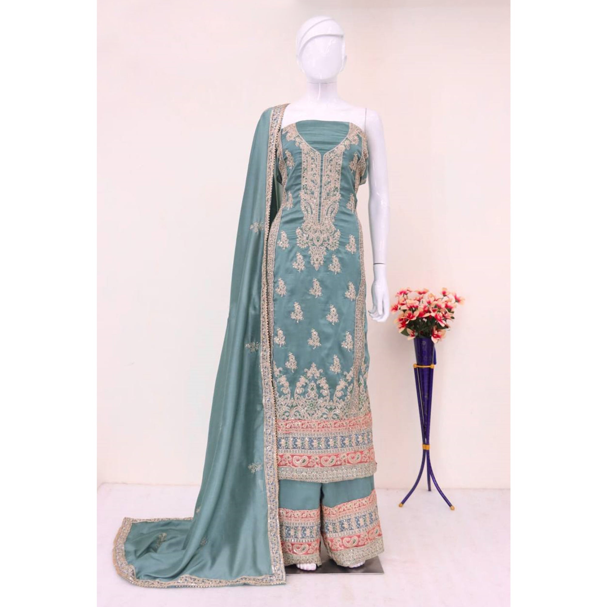 Light Teal Floral Sequins Embroidered Vichitra Silk Semi Stitched Palazzo Suit